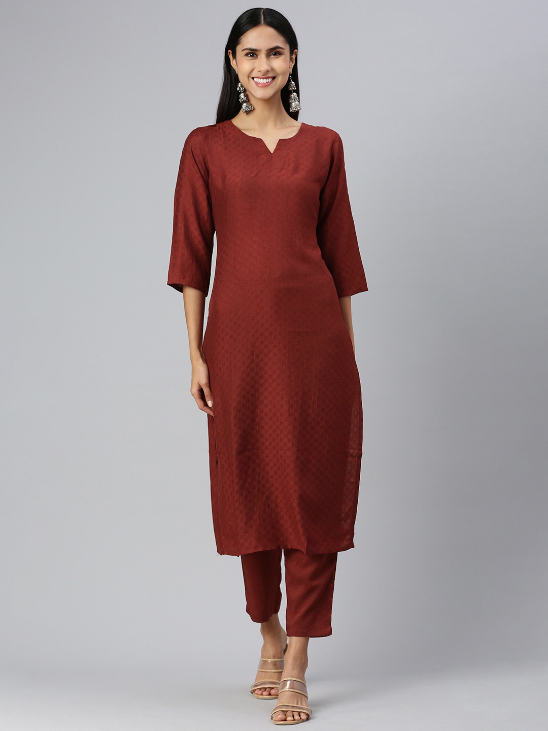 

KALINI Women Self Design Regular Kurta with Trousers, Maroon