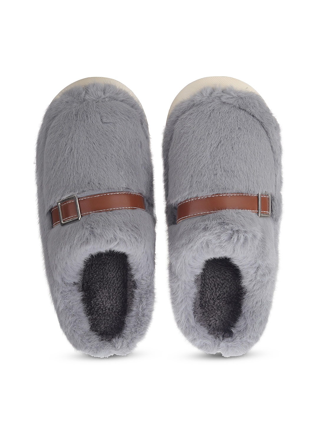

CASSIEY Men Winter Comfy Fur Room Slippers With Buckle Detail, Grey