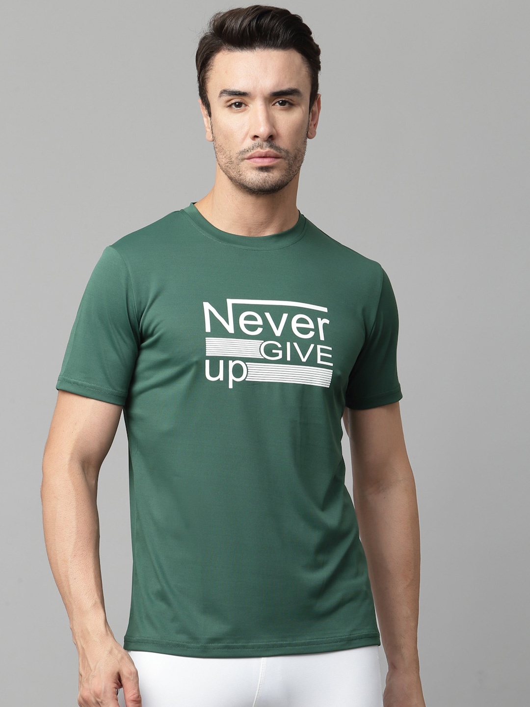 JUMP USA Men Typography Printed Round Neck Cotton T-shirt, Green