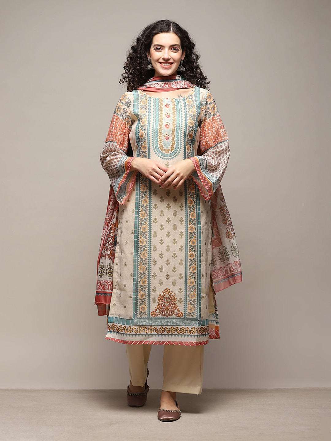 

Biba Ethnic Motifs Printed Unstitched Dress Material, Cream