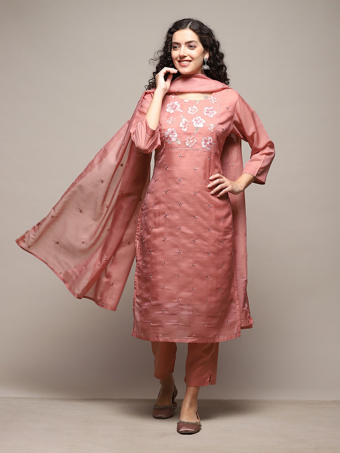 

Biba Floral Embroidered Unstitched Dress Material, Coral