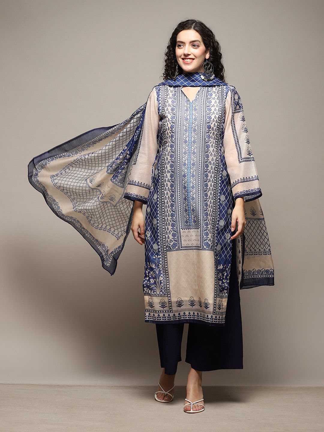 

Biba Floral Printed Unstitched Dress Material, Beige