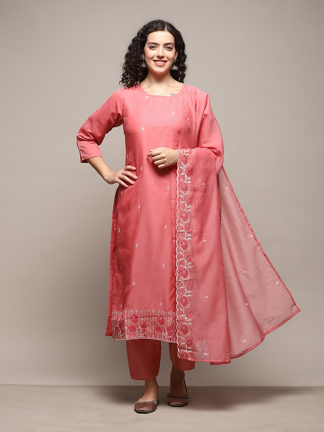 

Biba Floral Embroidered Unstitched Dress Material, Pink