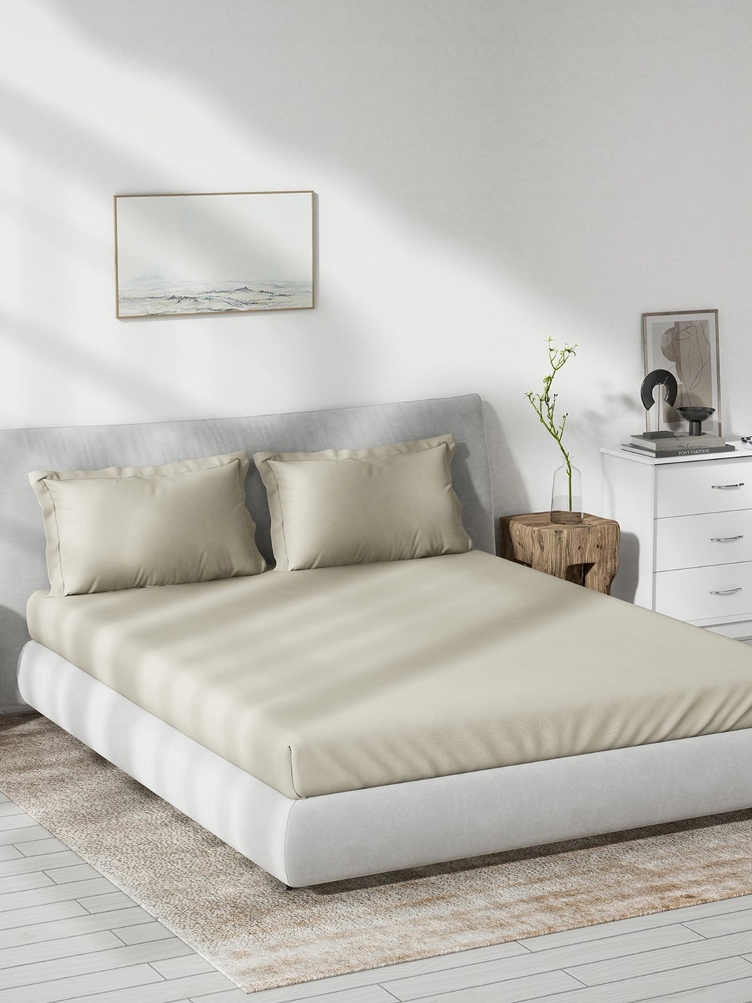 DDecor Live Beautiful Beige Cotton 180 TC King Bedsheet with 2 Pillow Covers