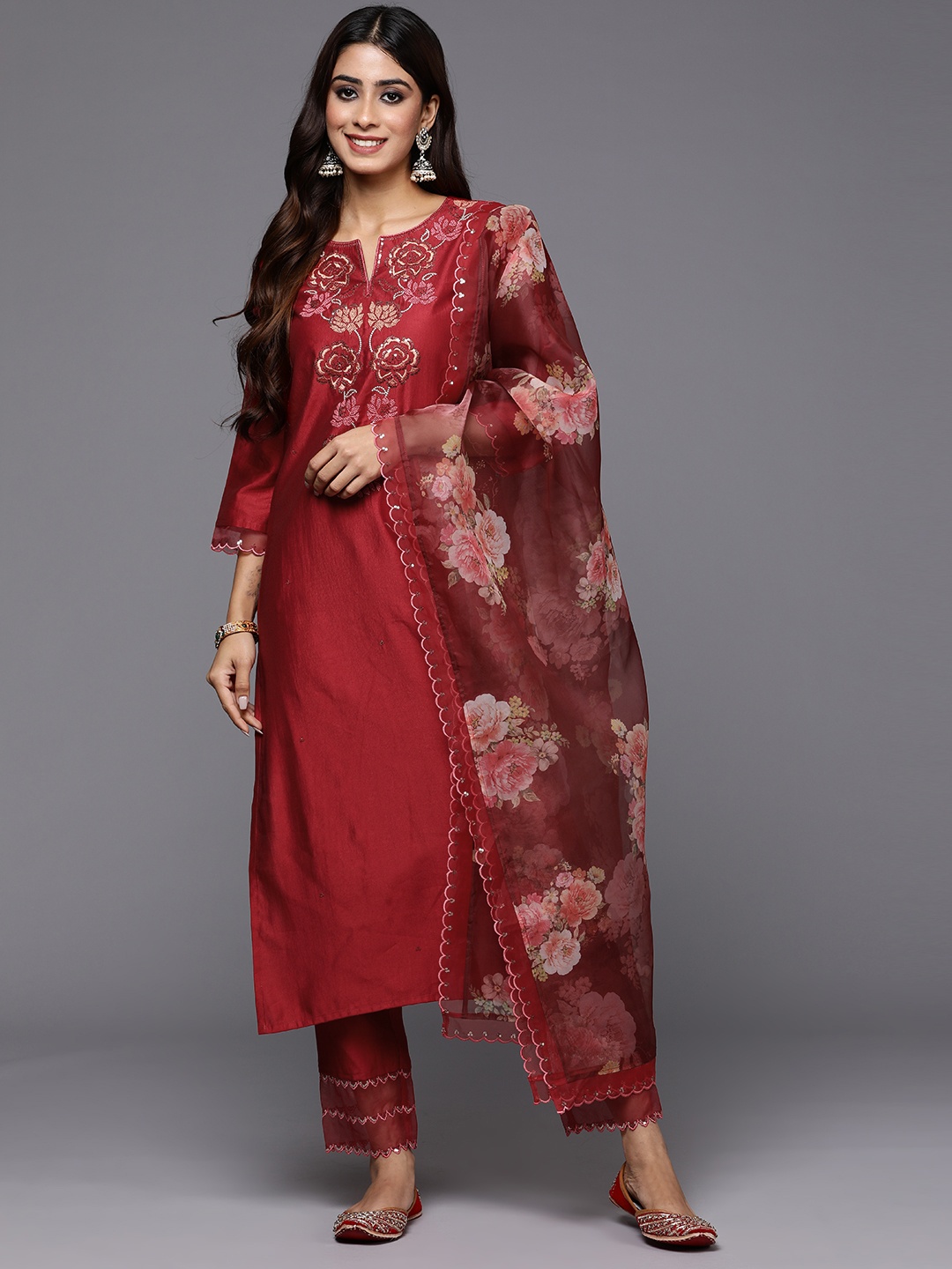 

Indo Era Women Floral Yoke Design Regular Sequinned Liva Kurta with Trousers & Dupatta, Red