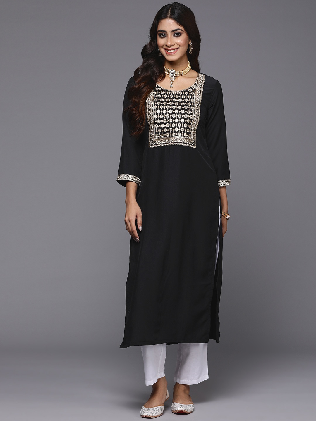 

Indo Era Women Black Ethnic Motifs Yoke Design Sequinned Kurta