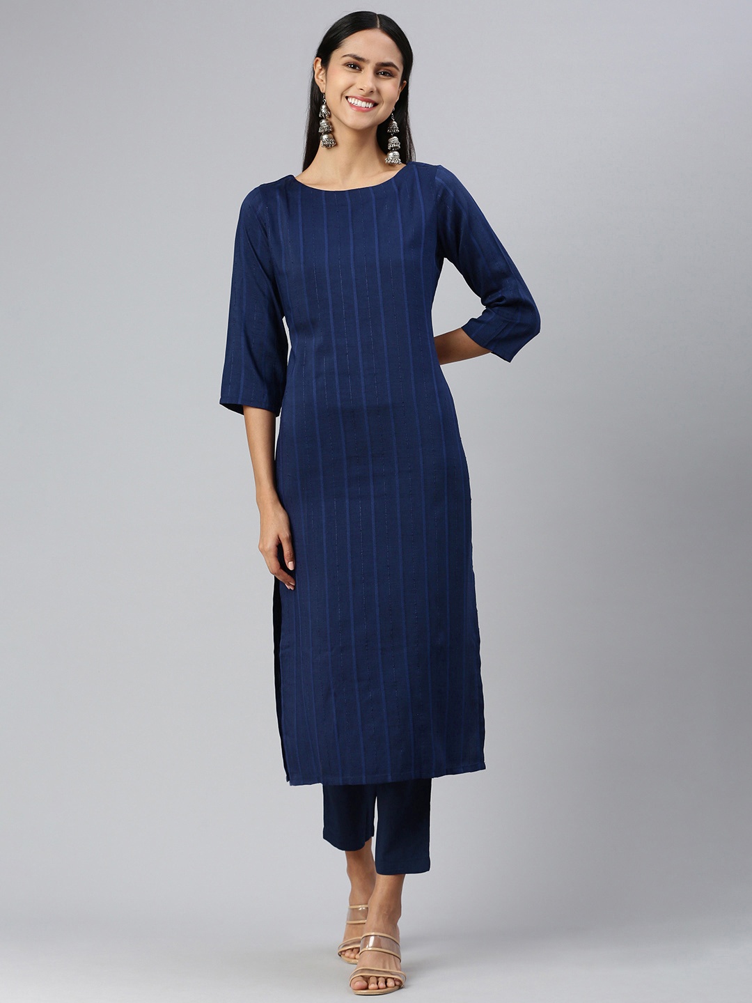 

HRITIKA Women Self Design Striped Regular Kurta with Trousers, Navy blue