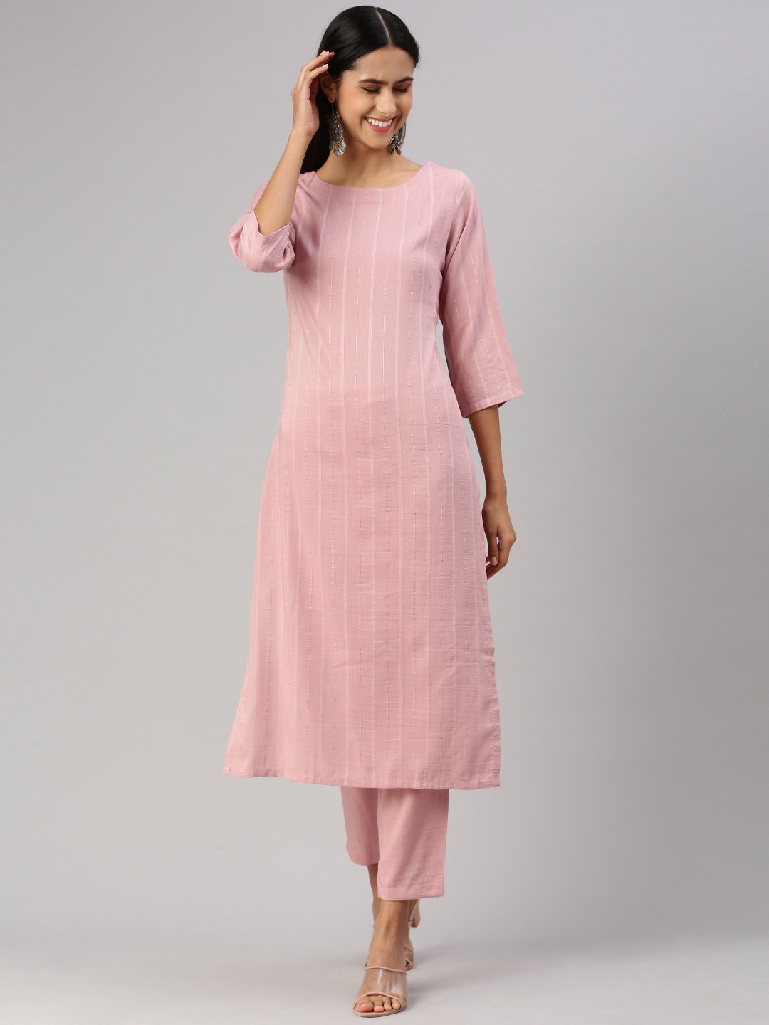

HRITIKA Women Self Design Striped Regular Kurta with Trousers, Pink