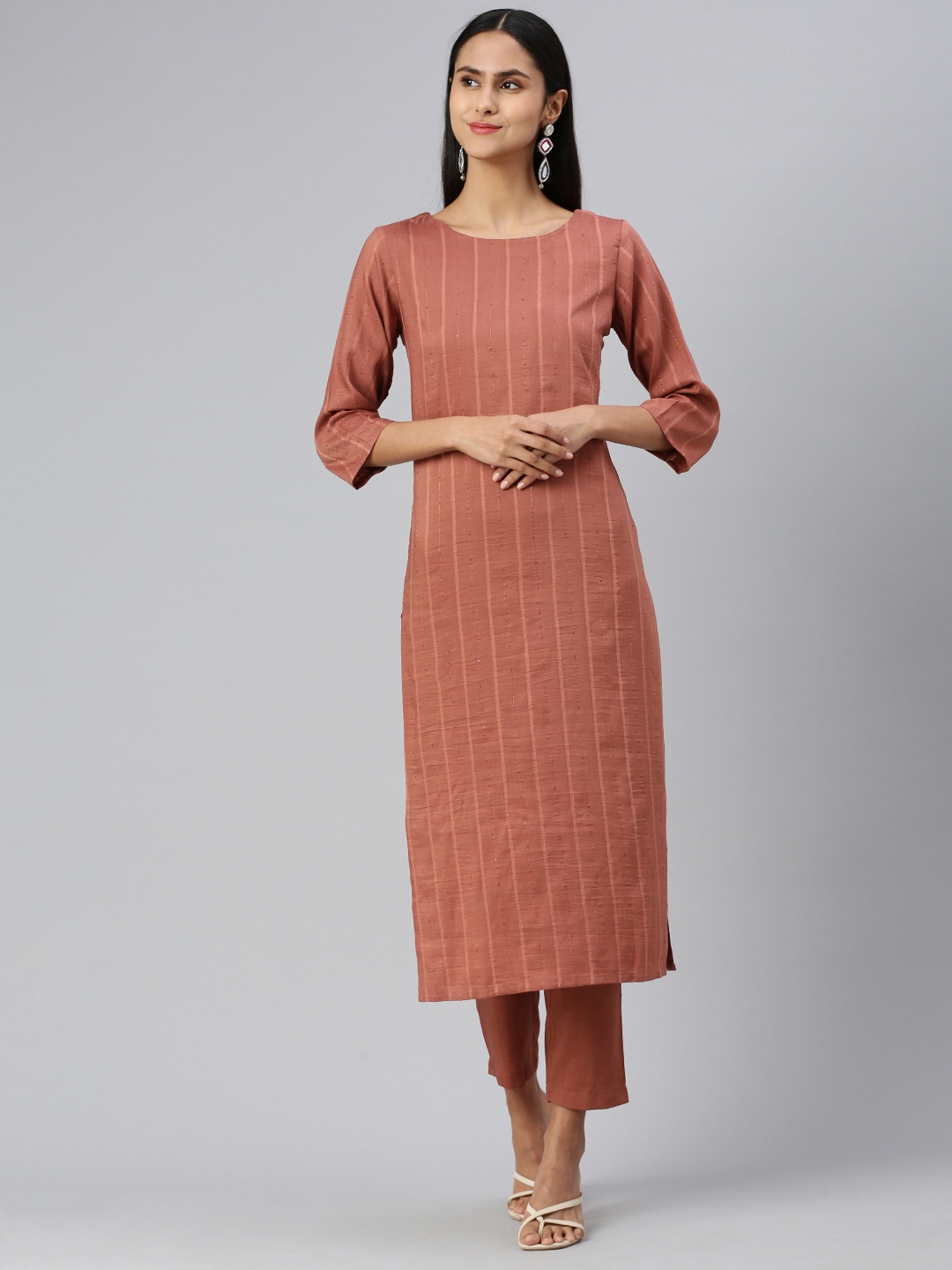 

HRITIKA Women Regular Sequinned Kurta with Trousers, Rust