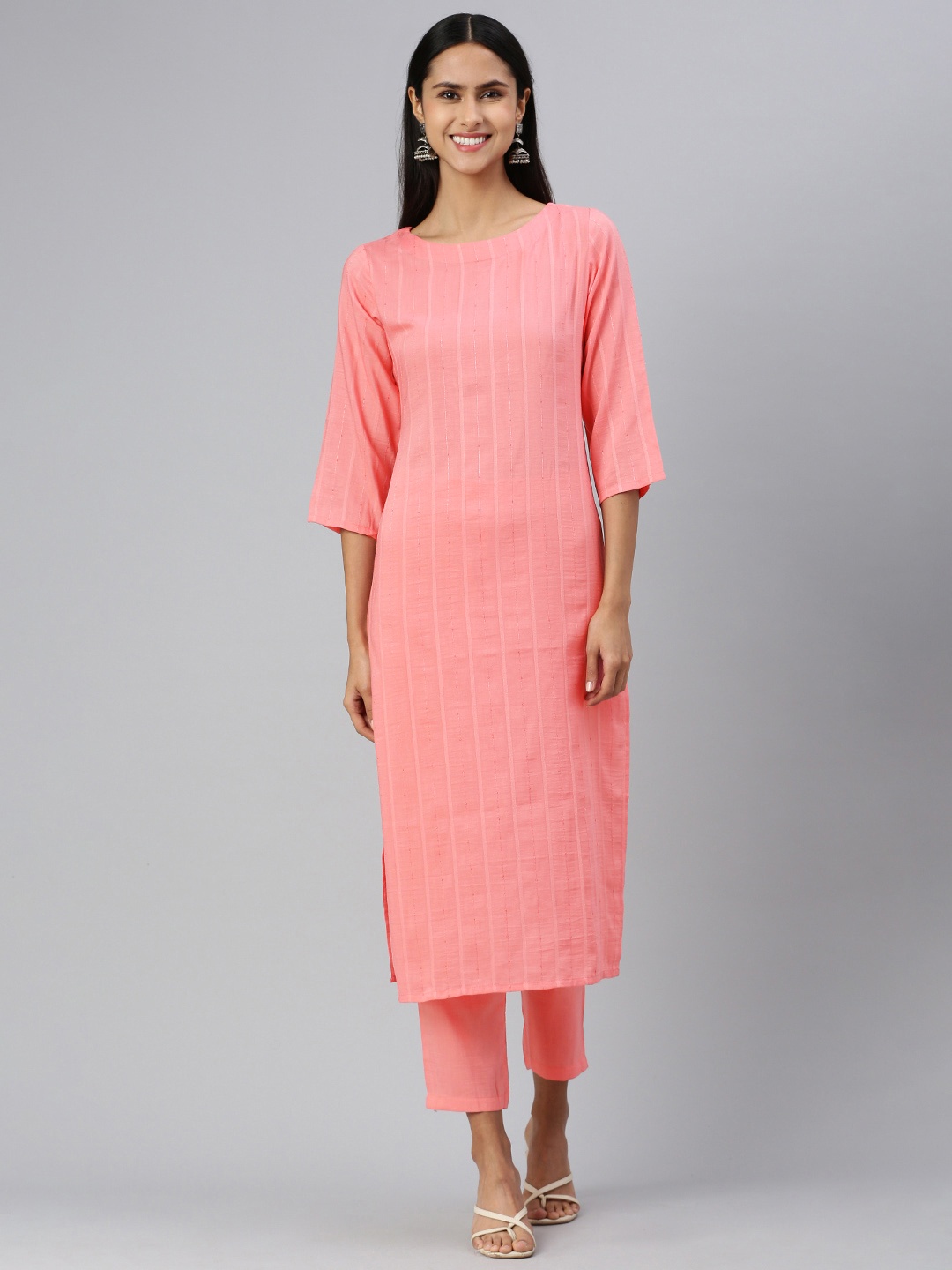 

HRITIKA Women Striped Regular Sequinned Kurta with Trousers, Pink