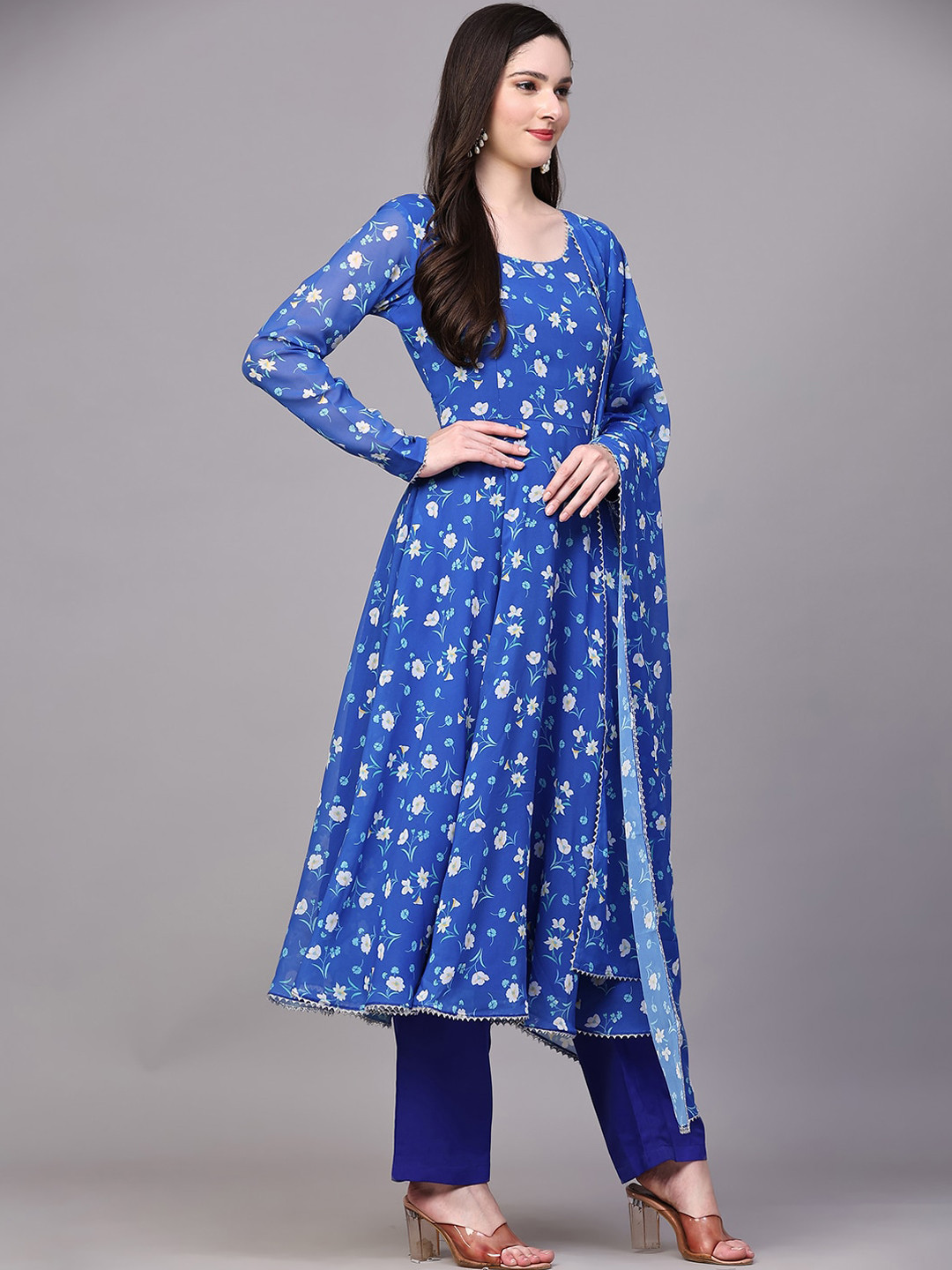 

BLACK SCISSOR Floral Printed Gotta Patti Georgette Kurta with Trousers & Dupatta, Blue