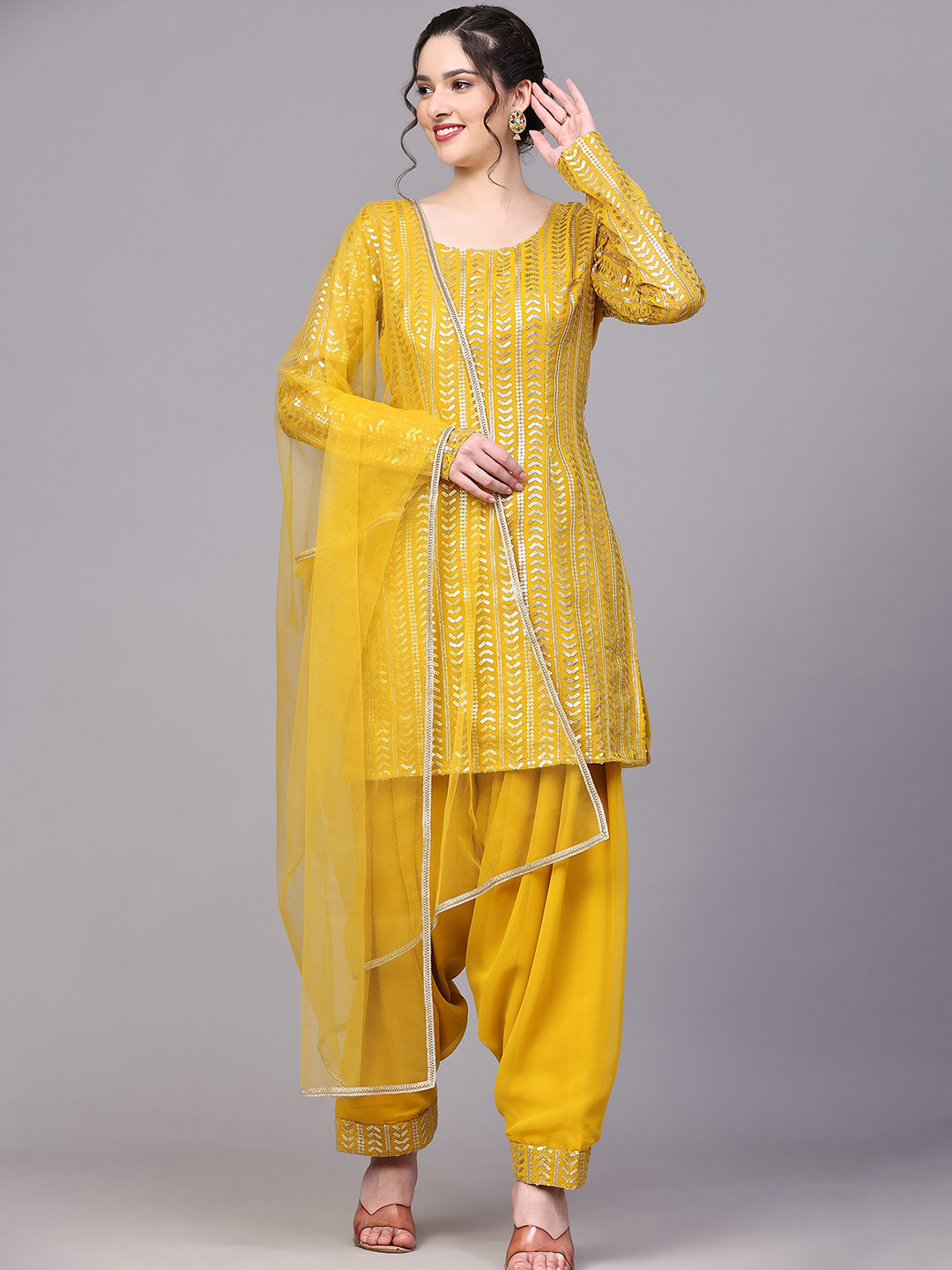 

BLACK SCISSOR Ethnic Motifs Embroidered Sequined Kurta with Patiala & Dupatta, Yellow