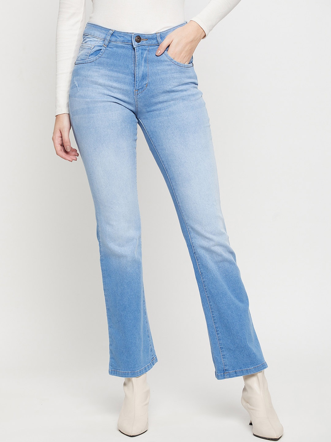 

Cantabil Women Bootcut Mid-Rise Heavy Fade Clean Look Stretchable Jeans, Blue