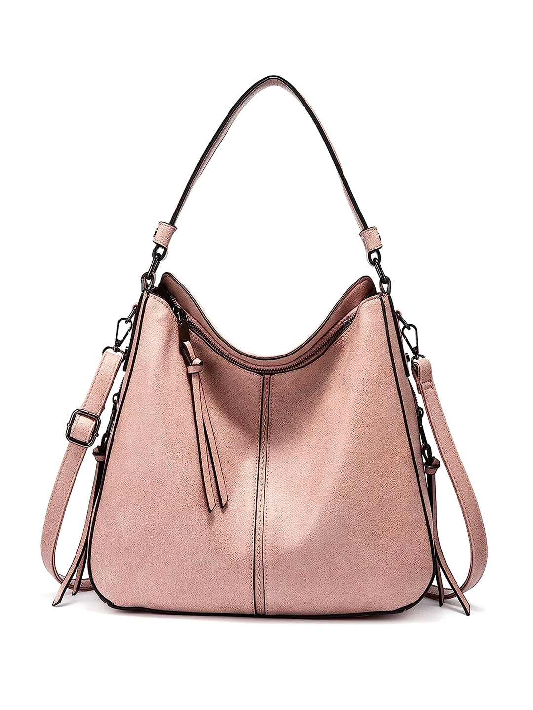 

Mast & Harbour Pink Textured PU Oversized Half Moon Hobo Bag With Tasselled