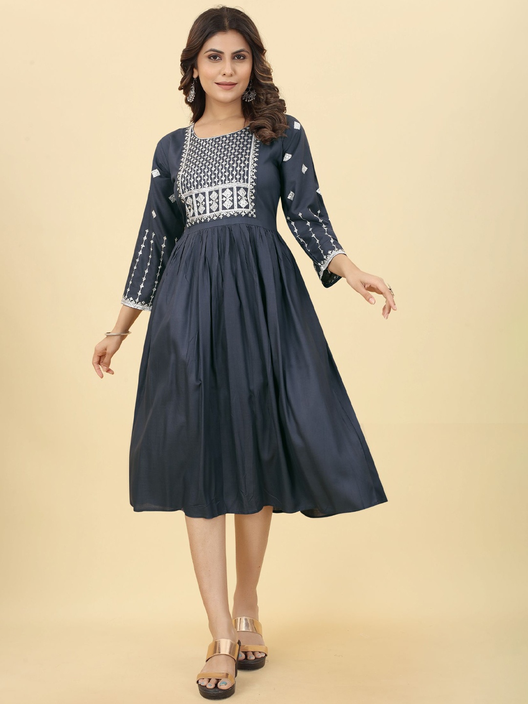 

PREMROOP- THE STYLE YOU LOVE Ethnic Motifs Embroidered Fit & Flare Midi Dress, Grey