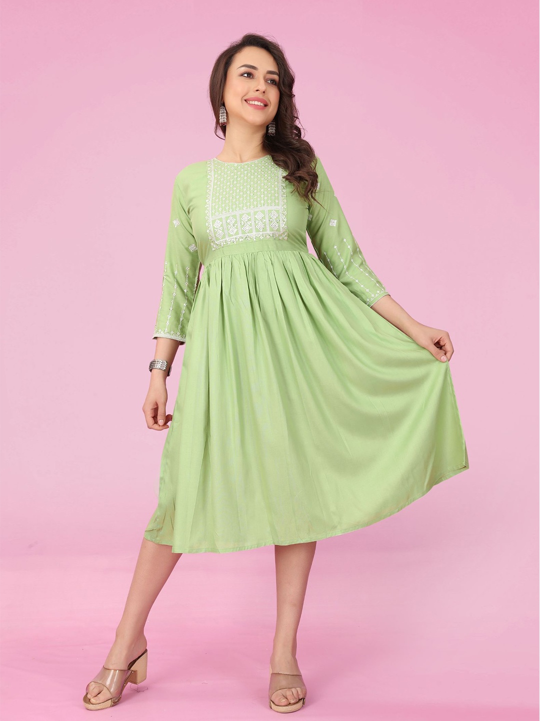 

PREMROOP- THE STYLE YOU LOVE Ethnic Motifs Embroidered Fit & Flare Maxi Dress, Green