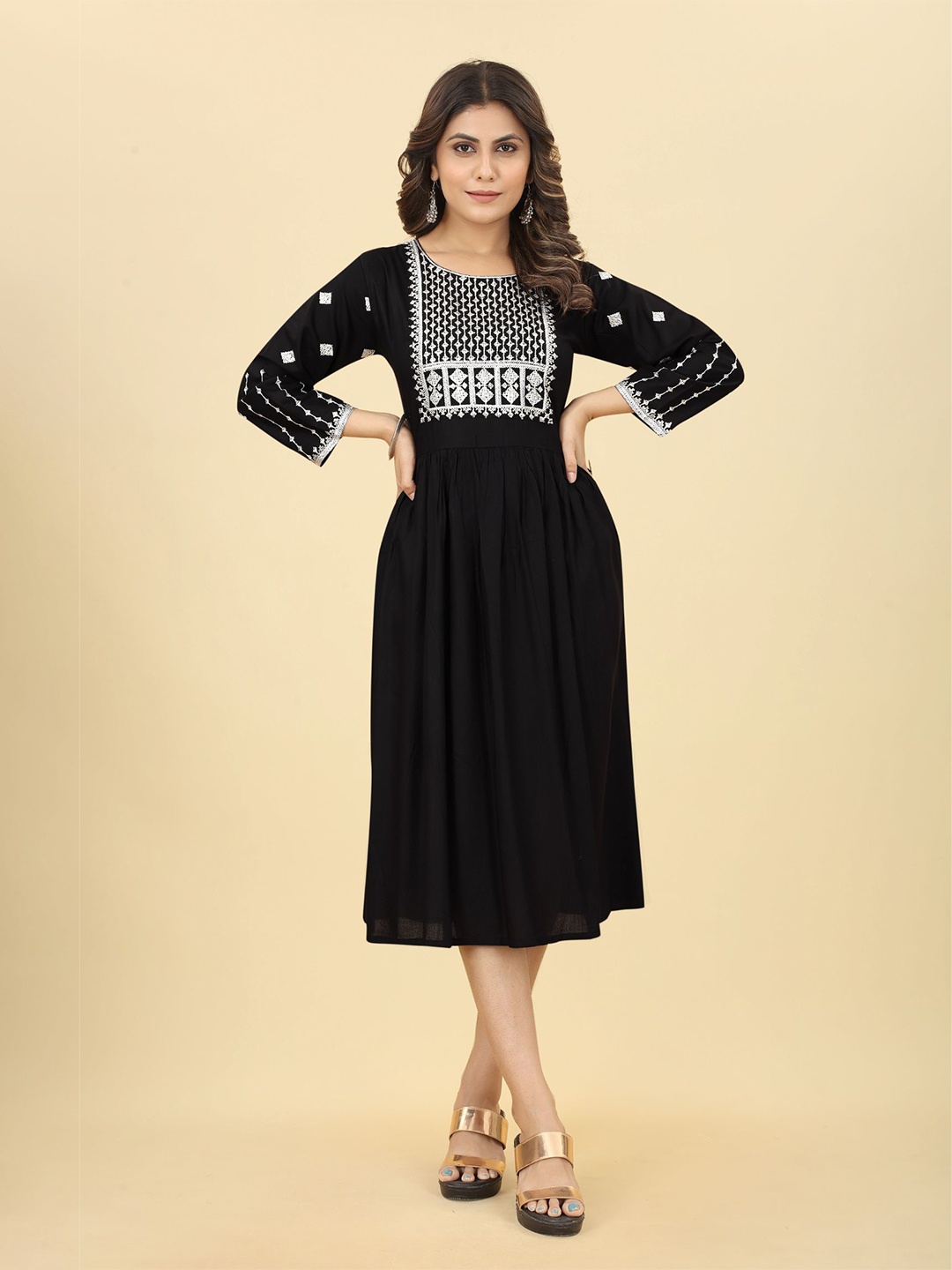 

PREMROOP- THE STYLE YOU LOVE Ethnic Motifs Embroidered Fit & Flare Maxi Dress, Black
