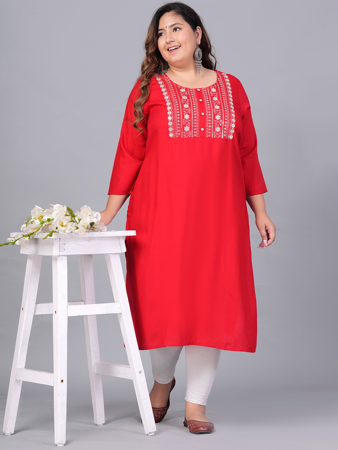 

Sztori Plus Size Embroidered Yoke Design Round Neck Three-Quarter Sleeves Straight Kurta, Red