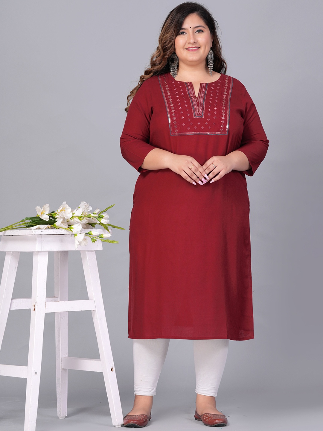 Sztori Plus Size Geometric Yoke Design Sequined Straight Kurta, Maroon