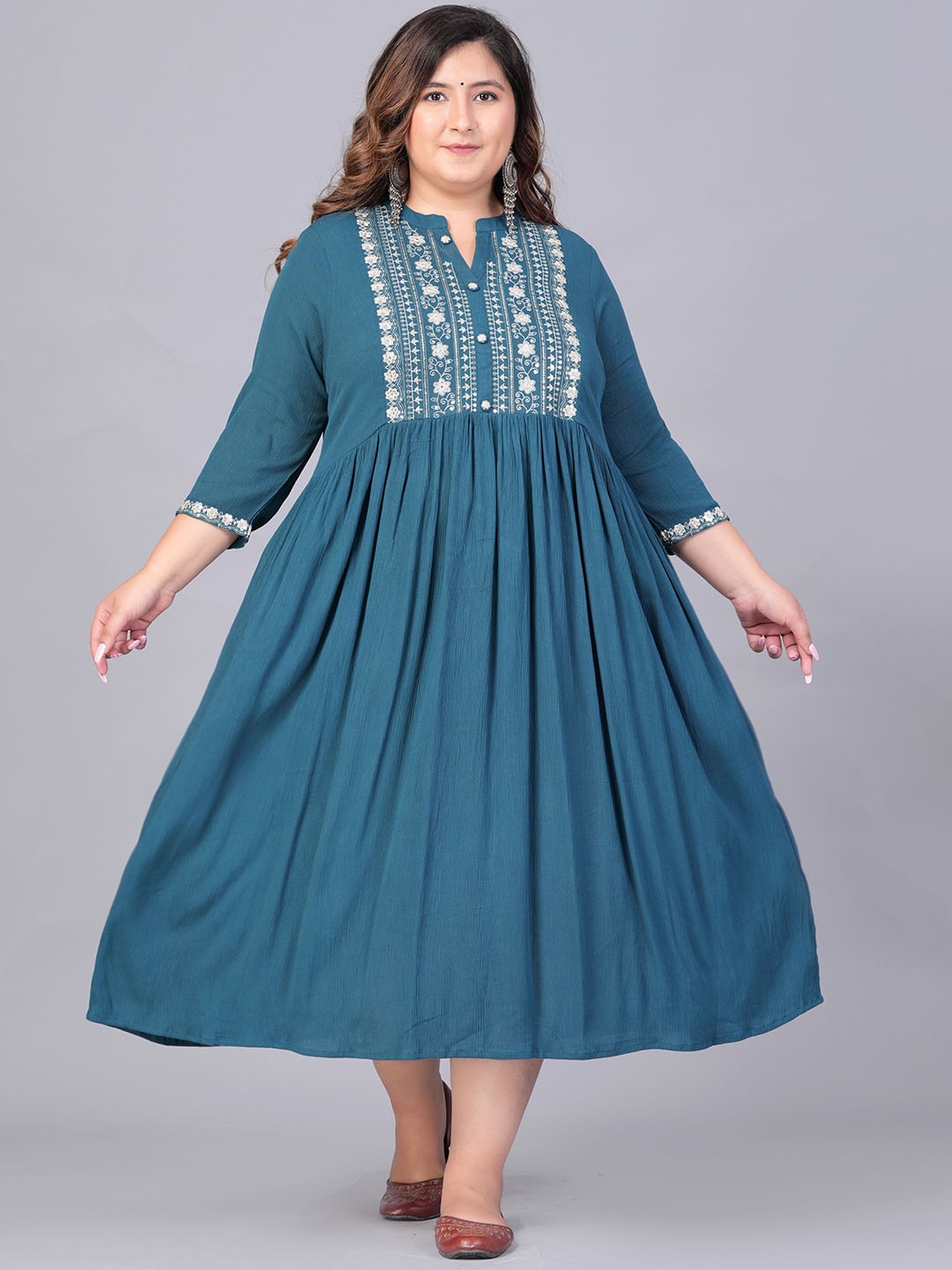 

Sztori Plus Size Floral Embroidered Anarkali Flared Ethnic Dresses, Teal