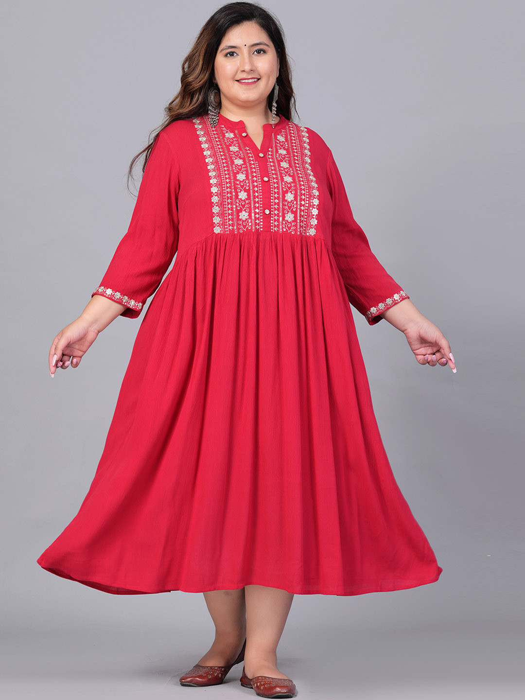 

Sztori Plus Size Floral Embroidered Mandarin Collar Fit and Flare Midi Ethnic Dresses, Maroon