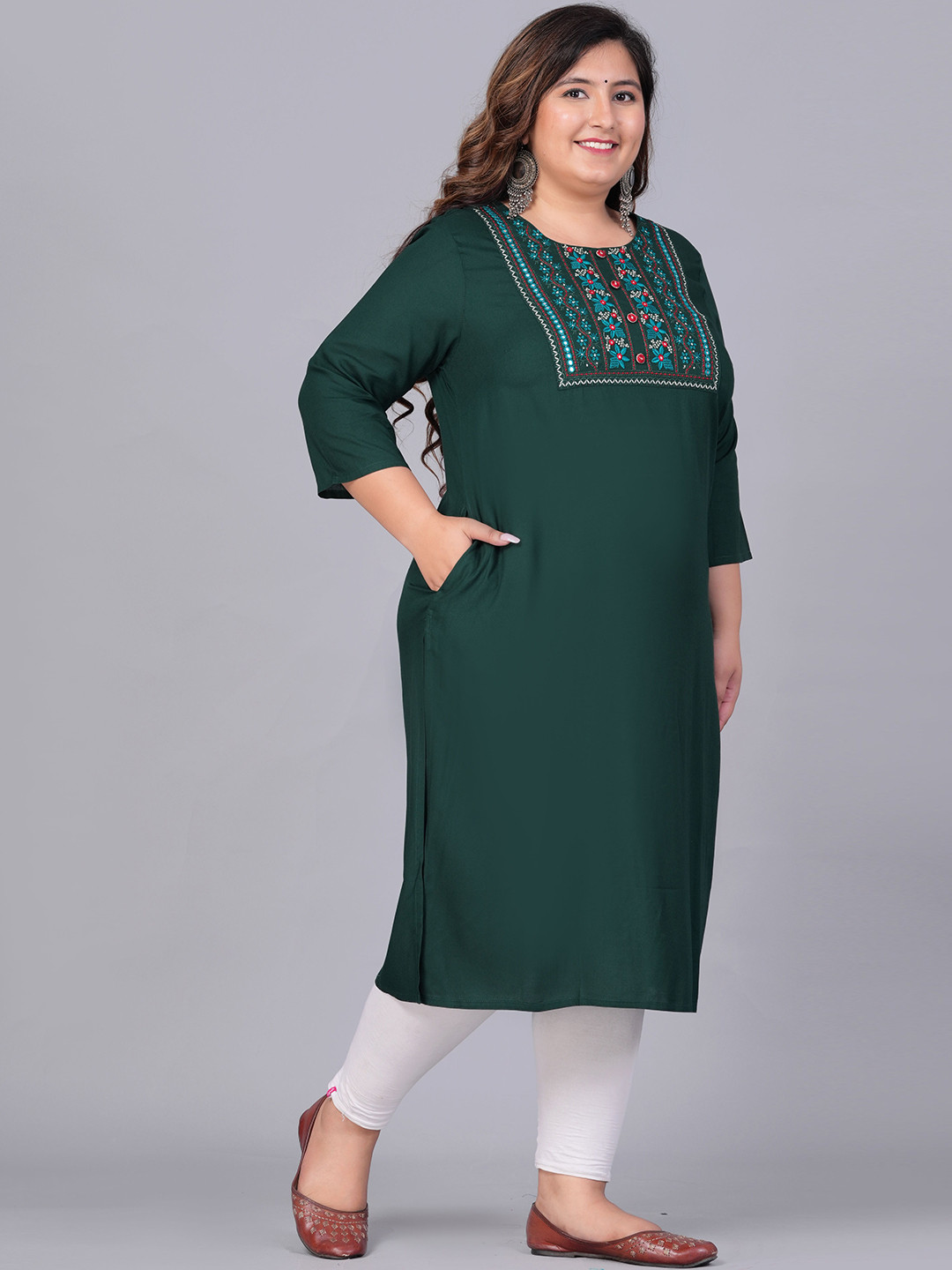 

Sztori Plus Size Embroidered Yoke Design Round Neck Three-Quarter Sleeves Straight Kurta, Green