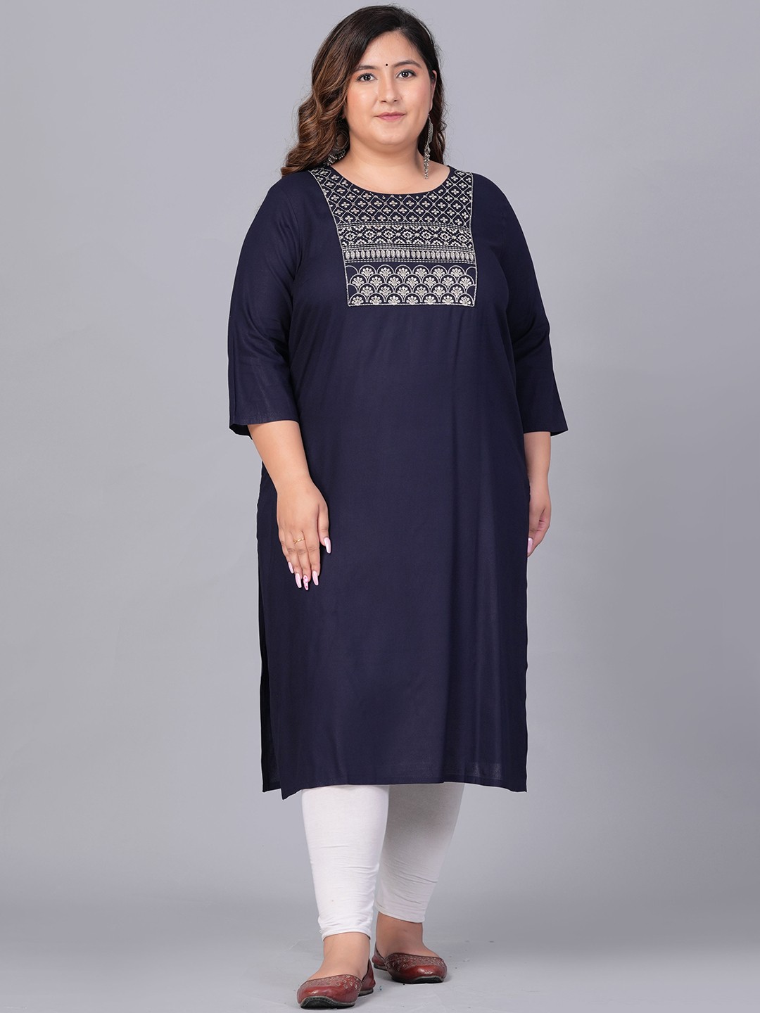 

Sztori Plus Size Embroidered Yoke Design Round Neck Three-Quarter Sleeves Straight Kurta, Navy blue
