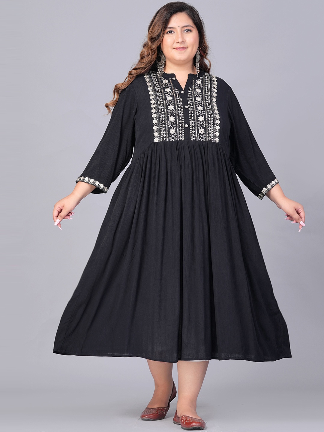 

Sztori Plus Size Floral Embroidered Anarkali Flared Ethnic Dresses, Black