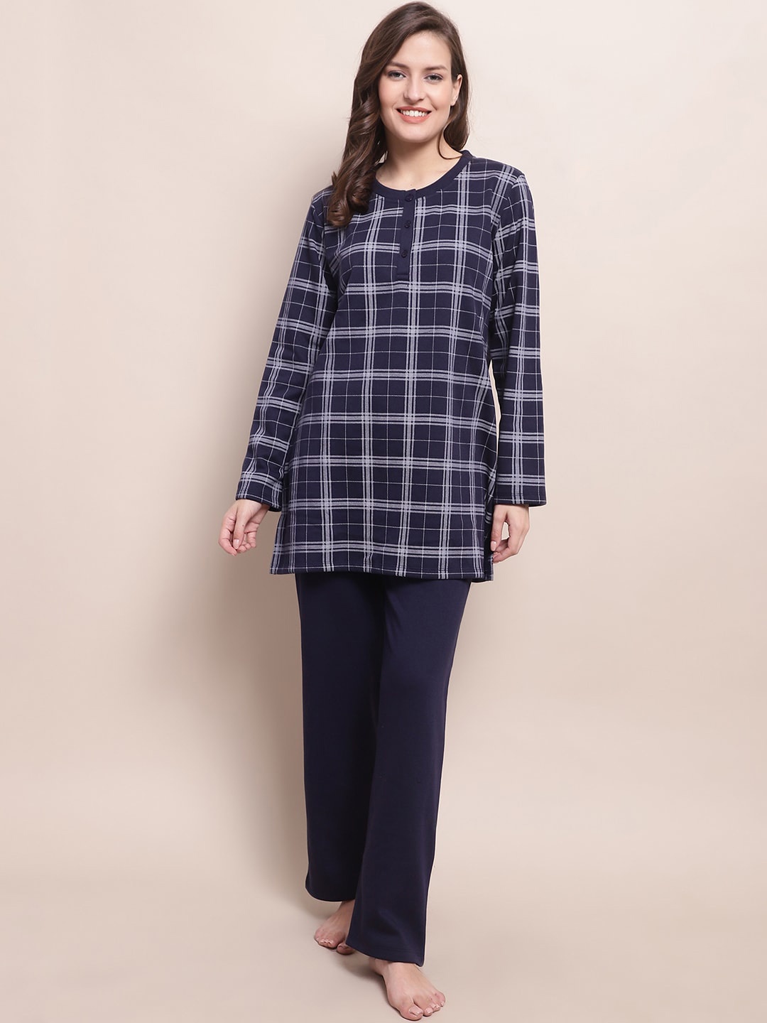 

Kanvin Checked Night suit, Navy blue