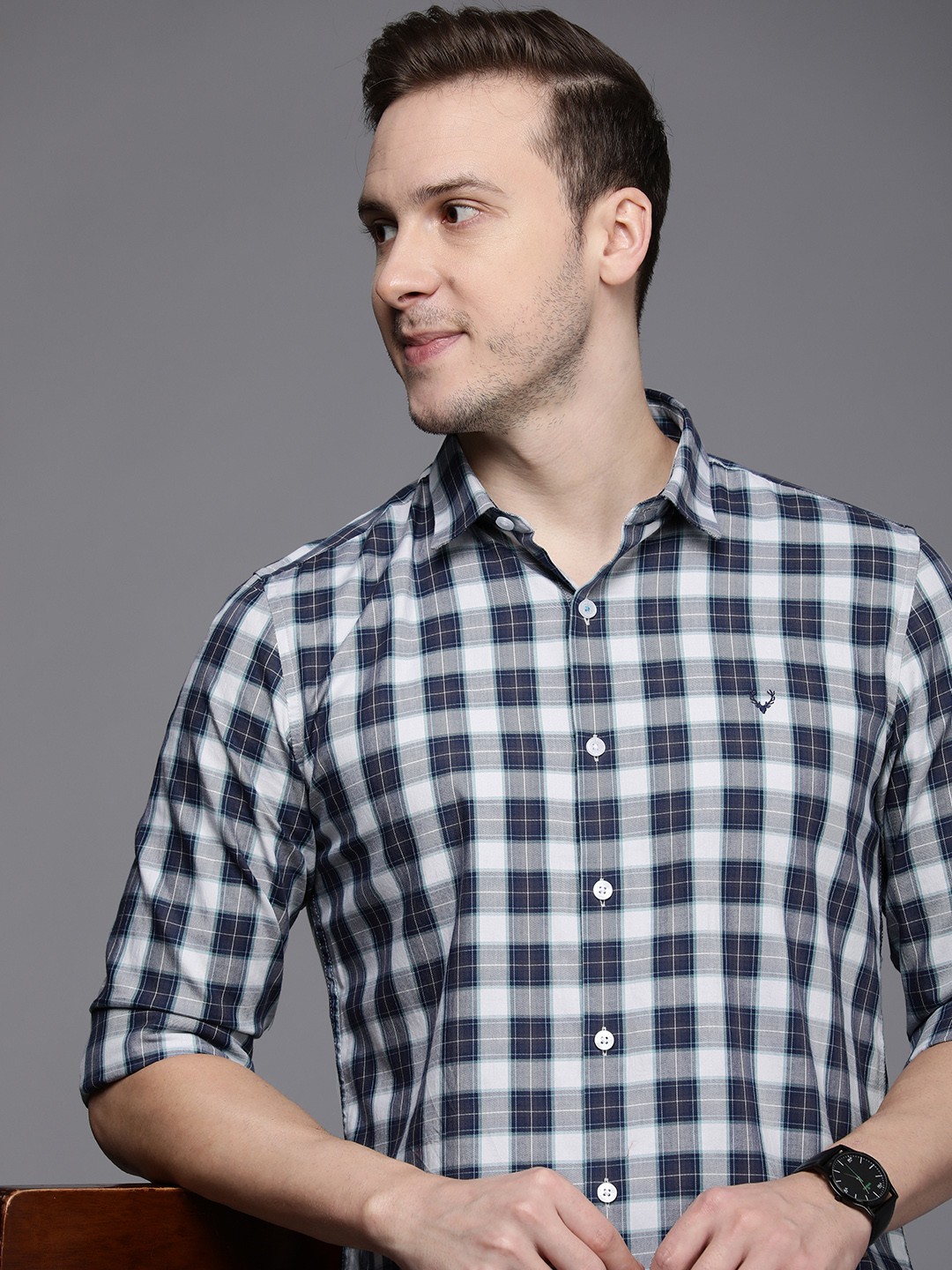 

Allen Solly Sport Slim Fit Checked Pure Cotton Casual Shirt, Grey