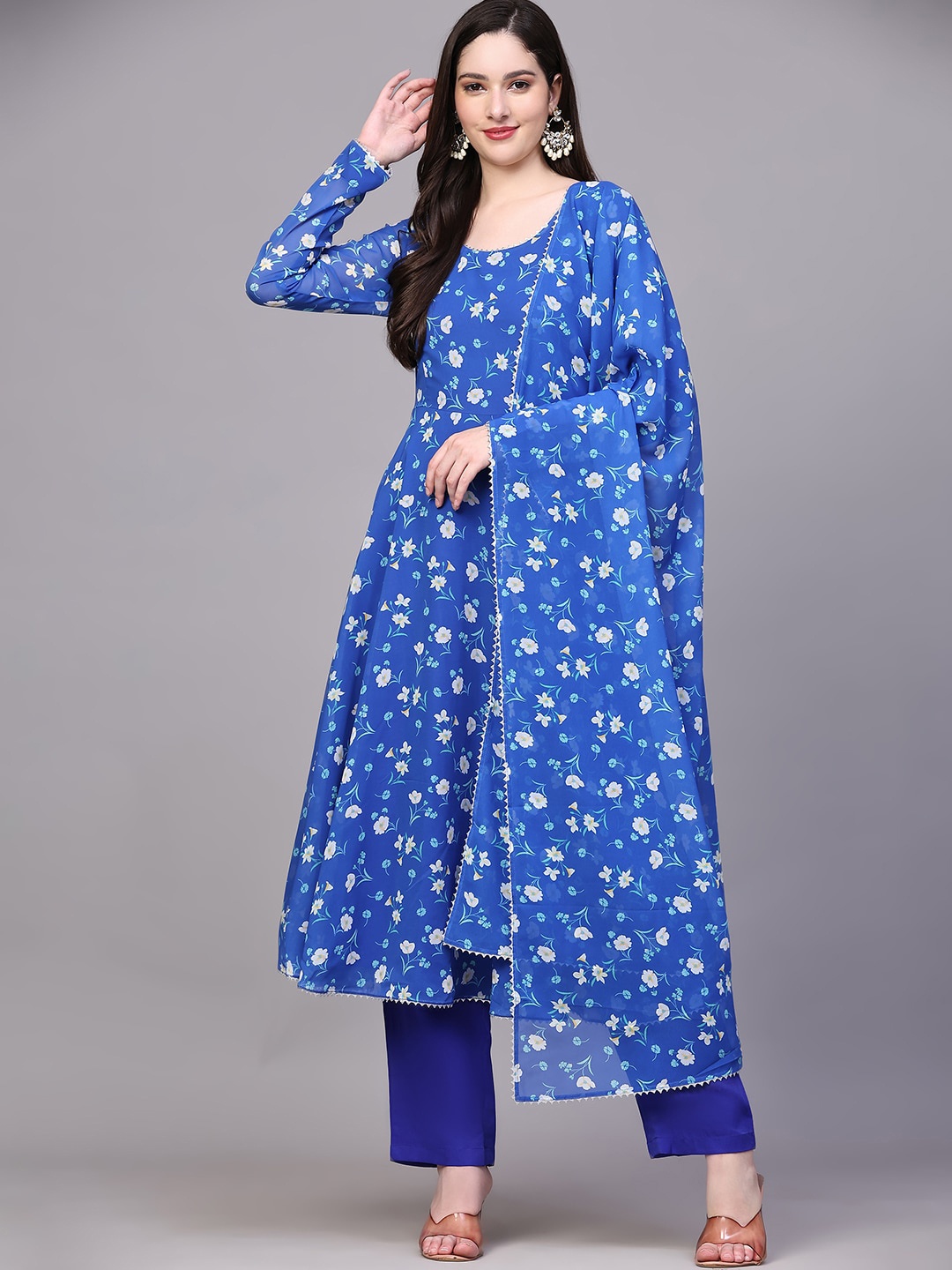 

KALINI Floral Printed Regular Kurta with Trousers & With Dupatta, Blue