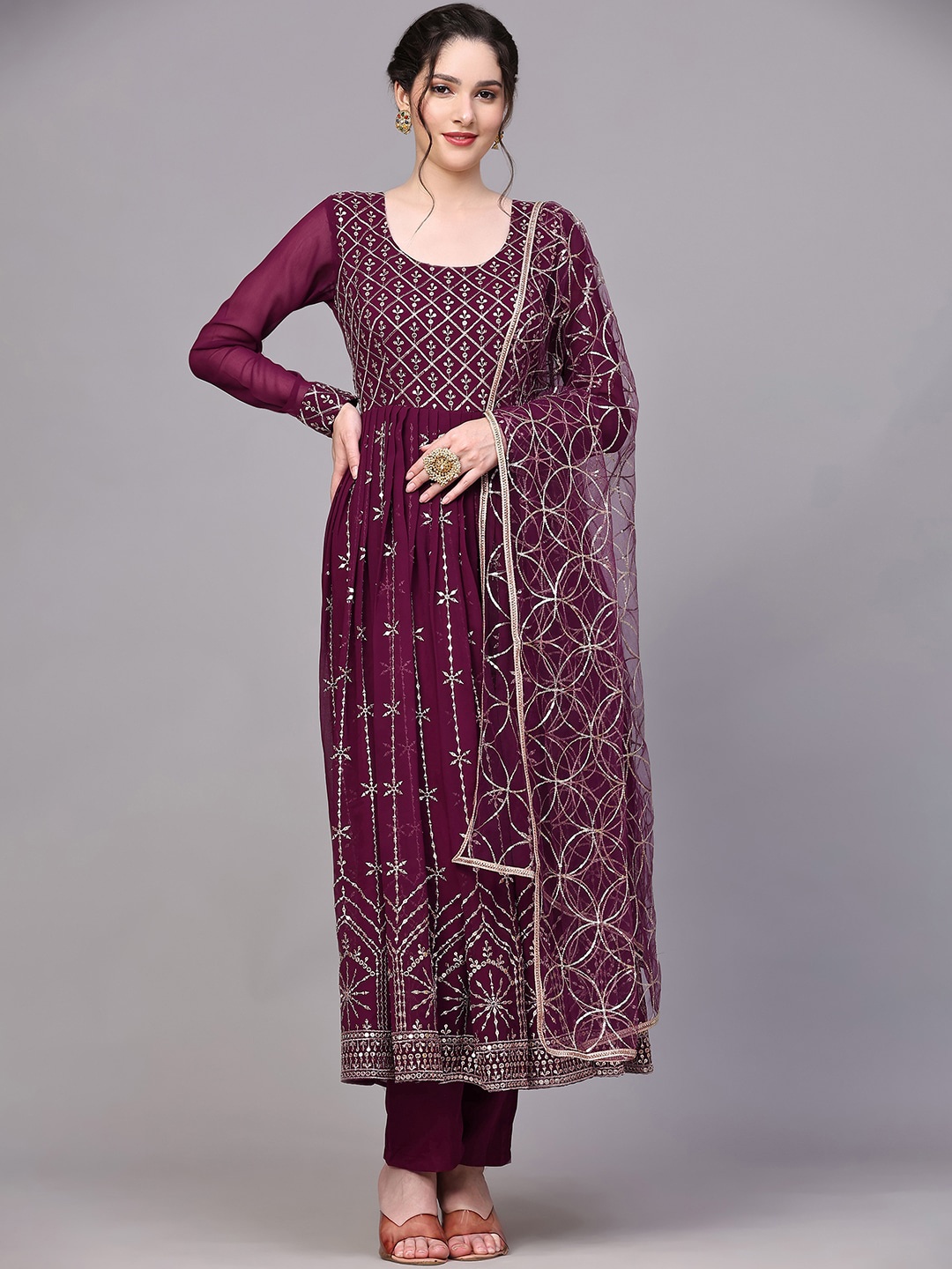 

KALINI Striped Round Neck Sequined Anarkali Kurta with Trousers & Dupatta, Purple