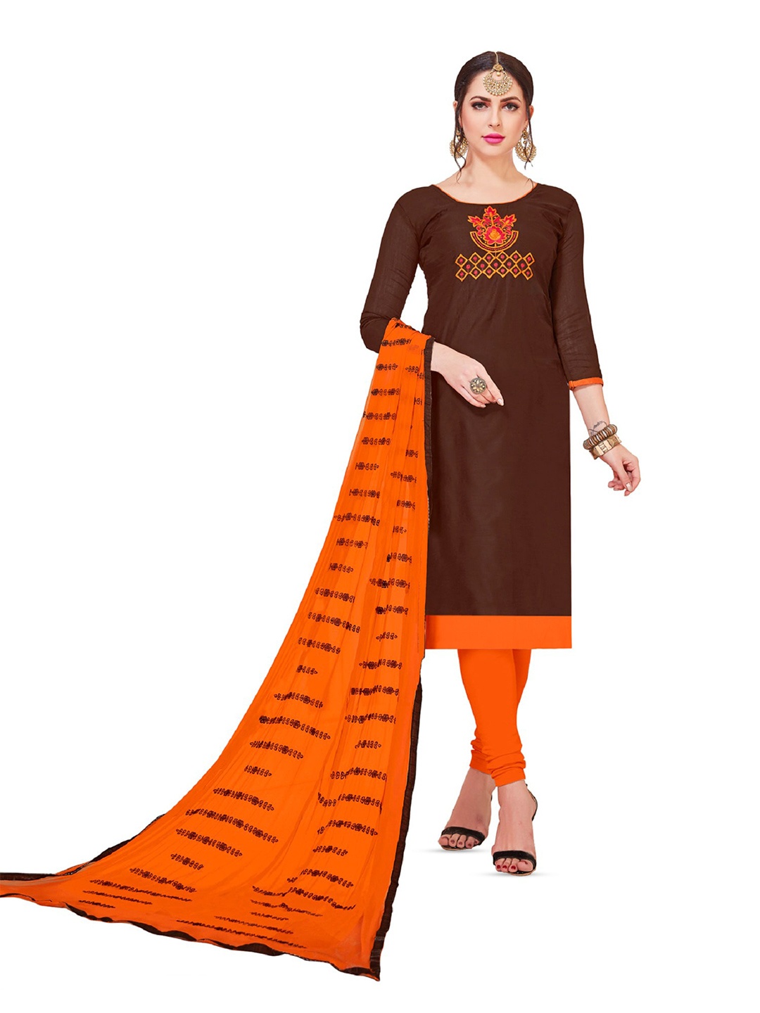 

APNISHA Floral Embroidered Georgette Unstitched Dress Material, Brown