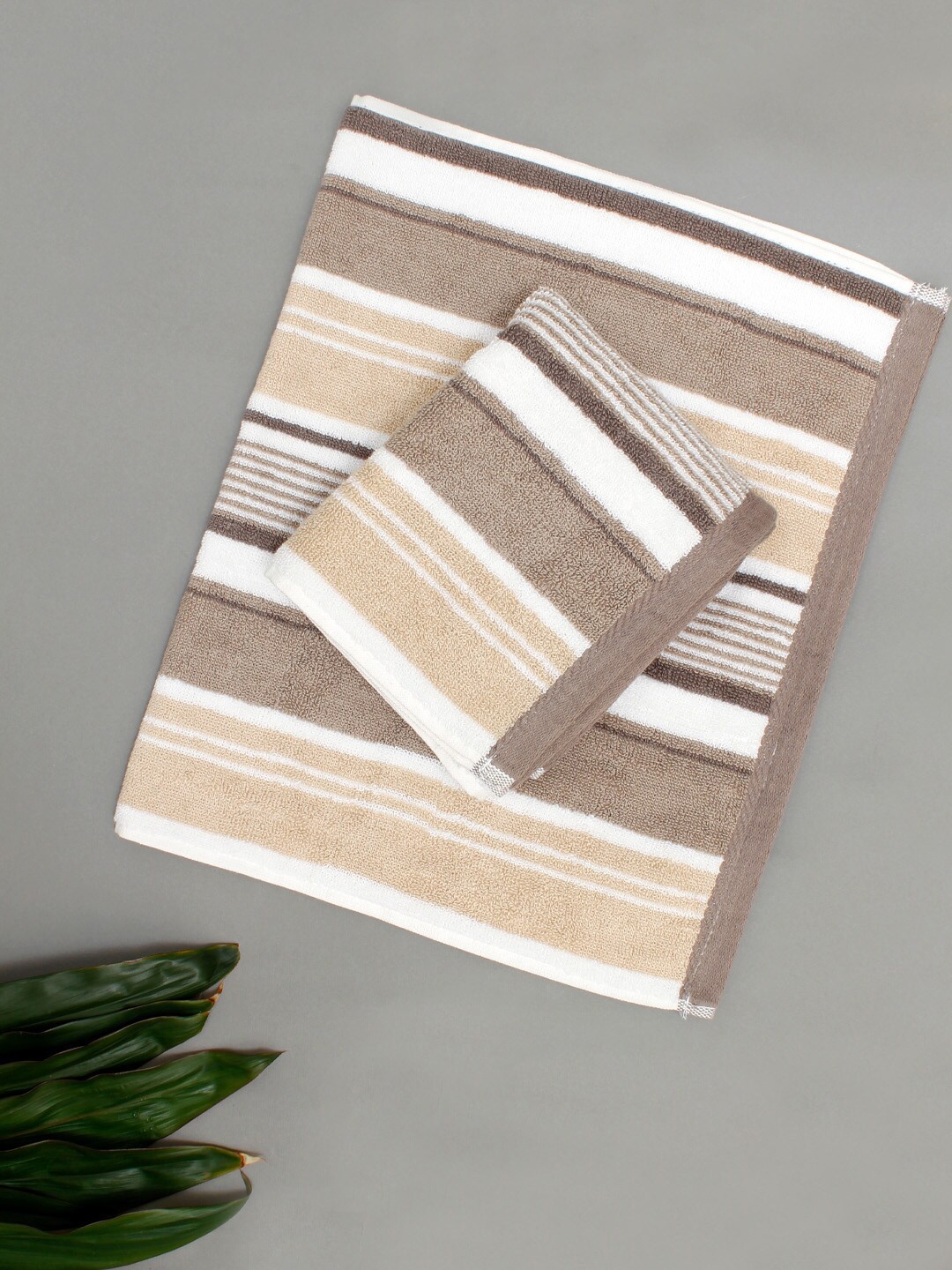 

AVI Living Rhodes Beige 2-Pieces Striped 550 GSM Pure Cotton Hand Towels