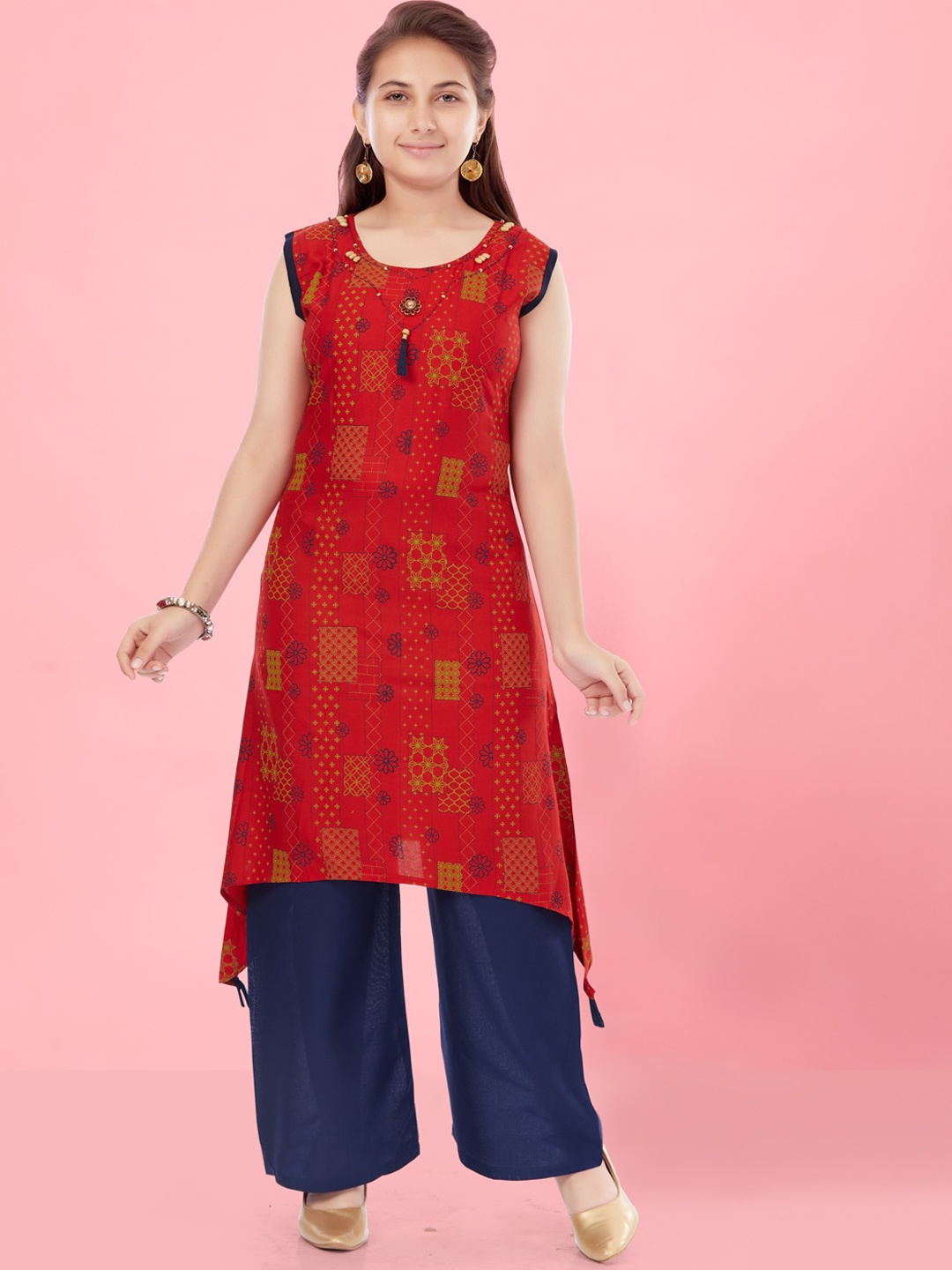 

Aarika Girls Geometric Printed Cotton A-Line Kurta, Red