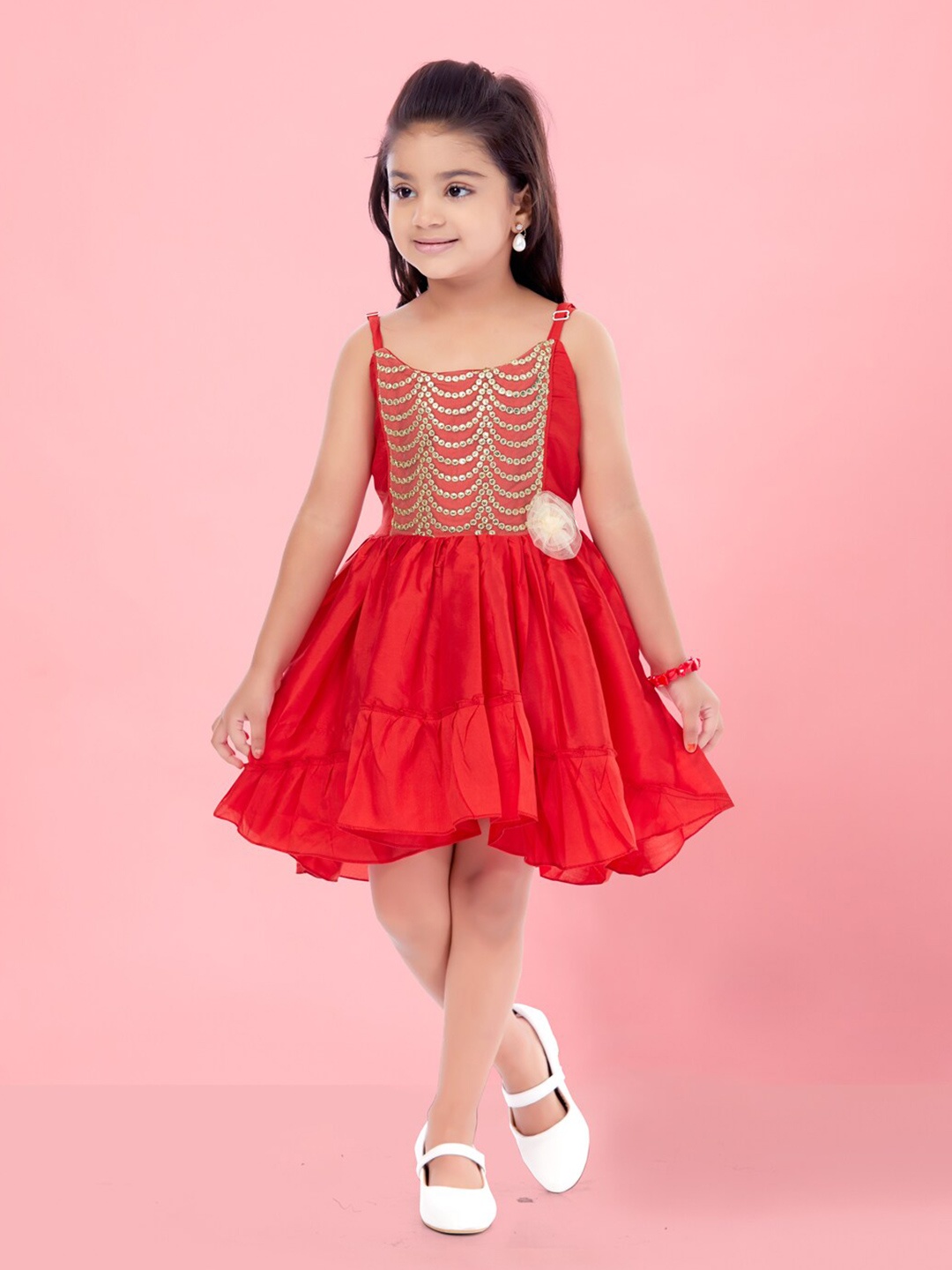 

Aarika Shoulder Straps Sequinned Tie-Ups Silk Fit & Flare Dress, Red