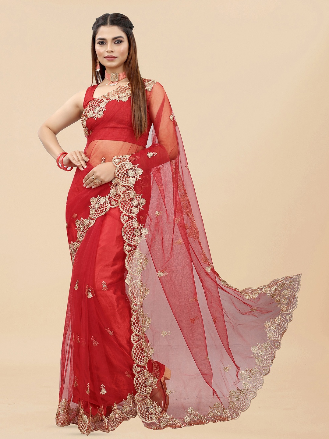 

BARKIYA CREATION Ethnic Motifs Embroidered Net Saree, Red