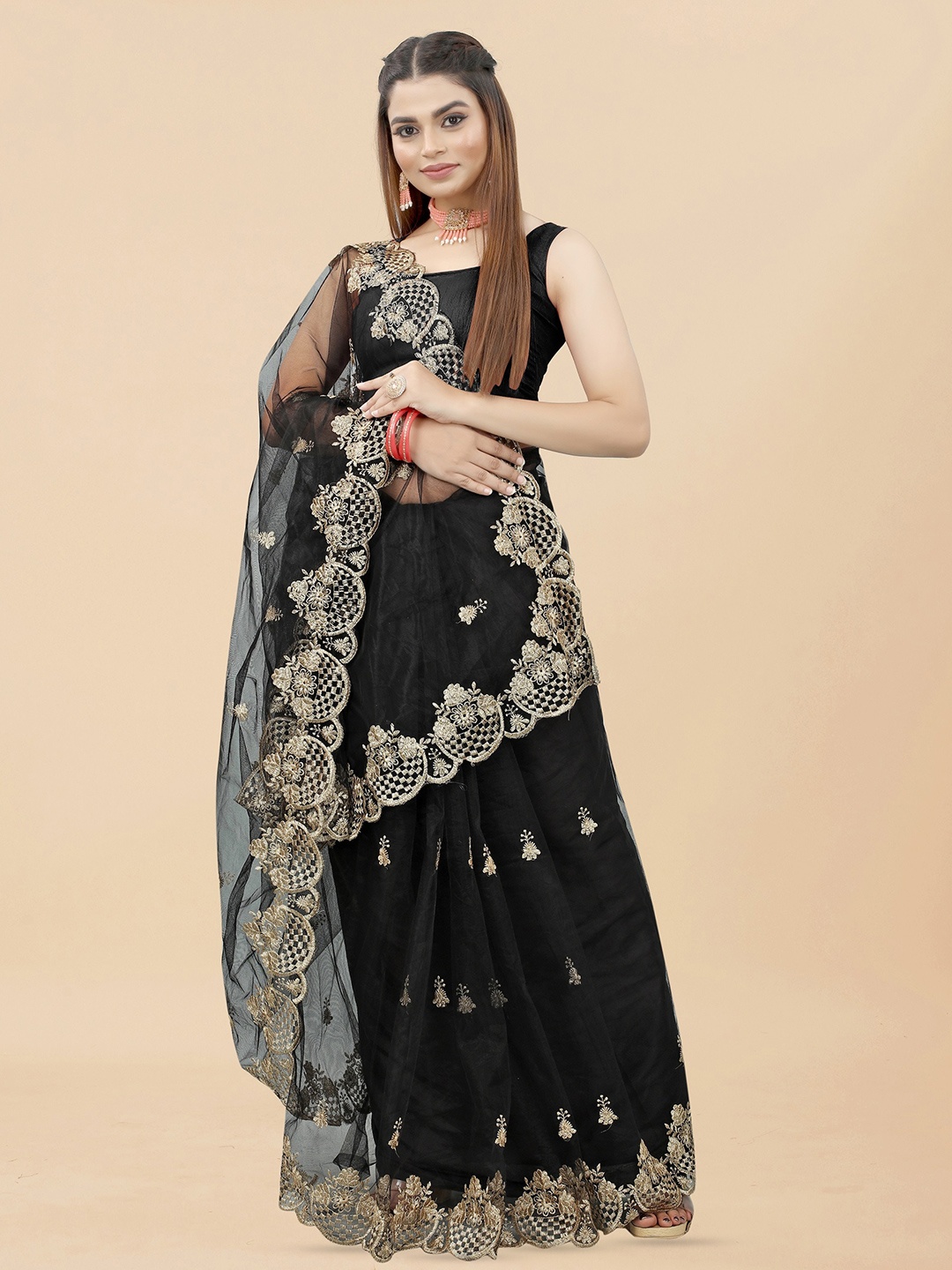 

BARKIYA CREATION Ethnic Motifs Embroidered Net Saree, Black