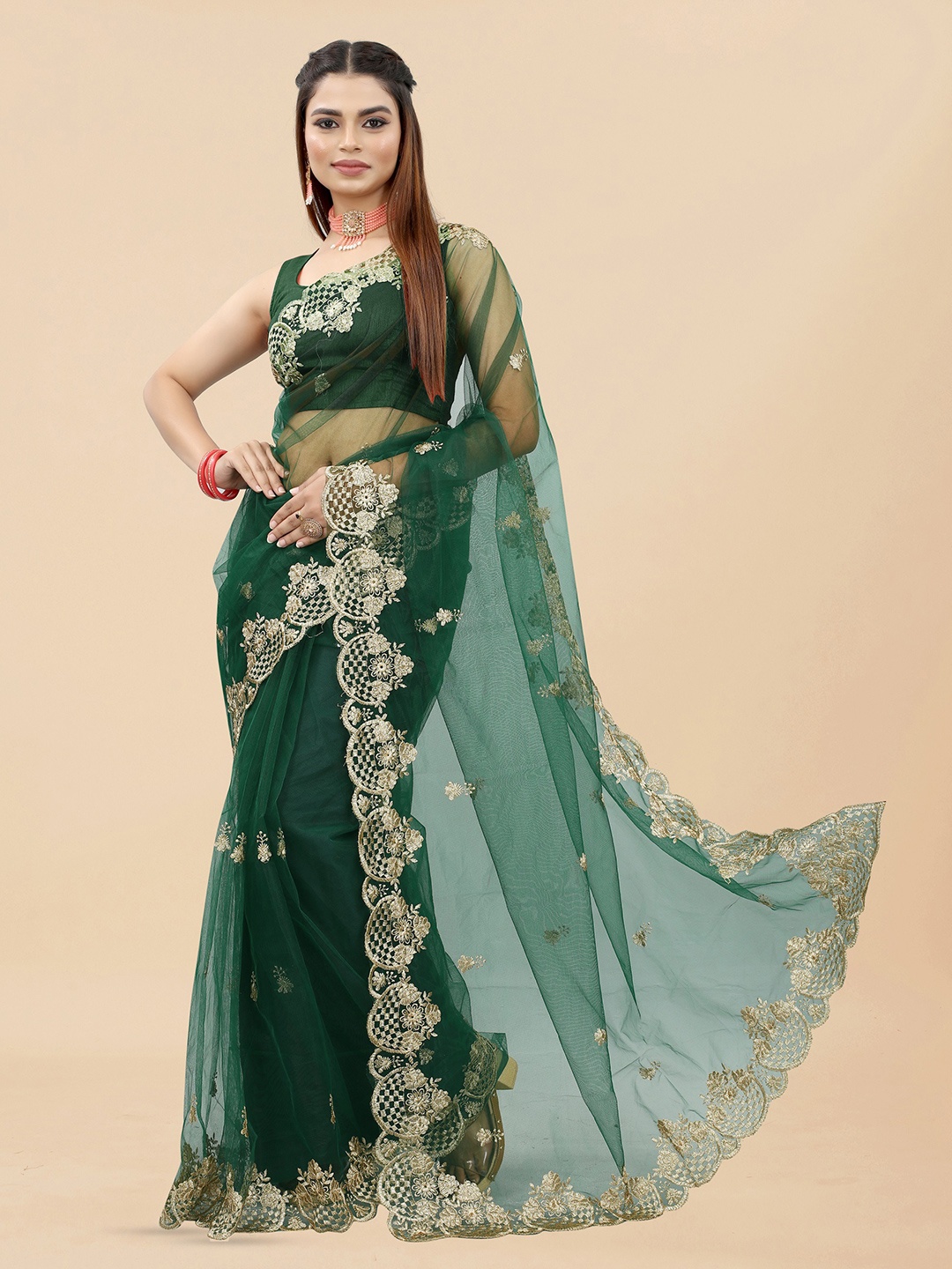 

BARKIYA CREATION Ethnic Motifs Embroidered Saree, Green