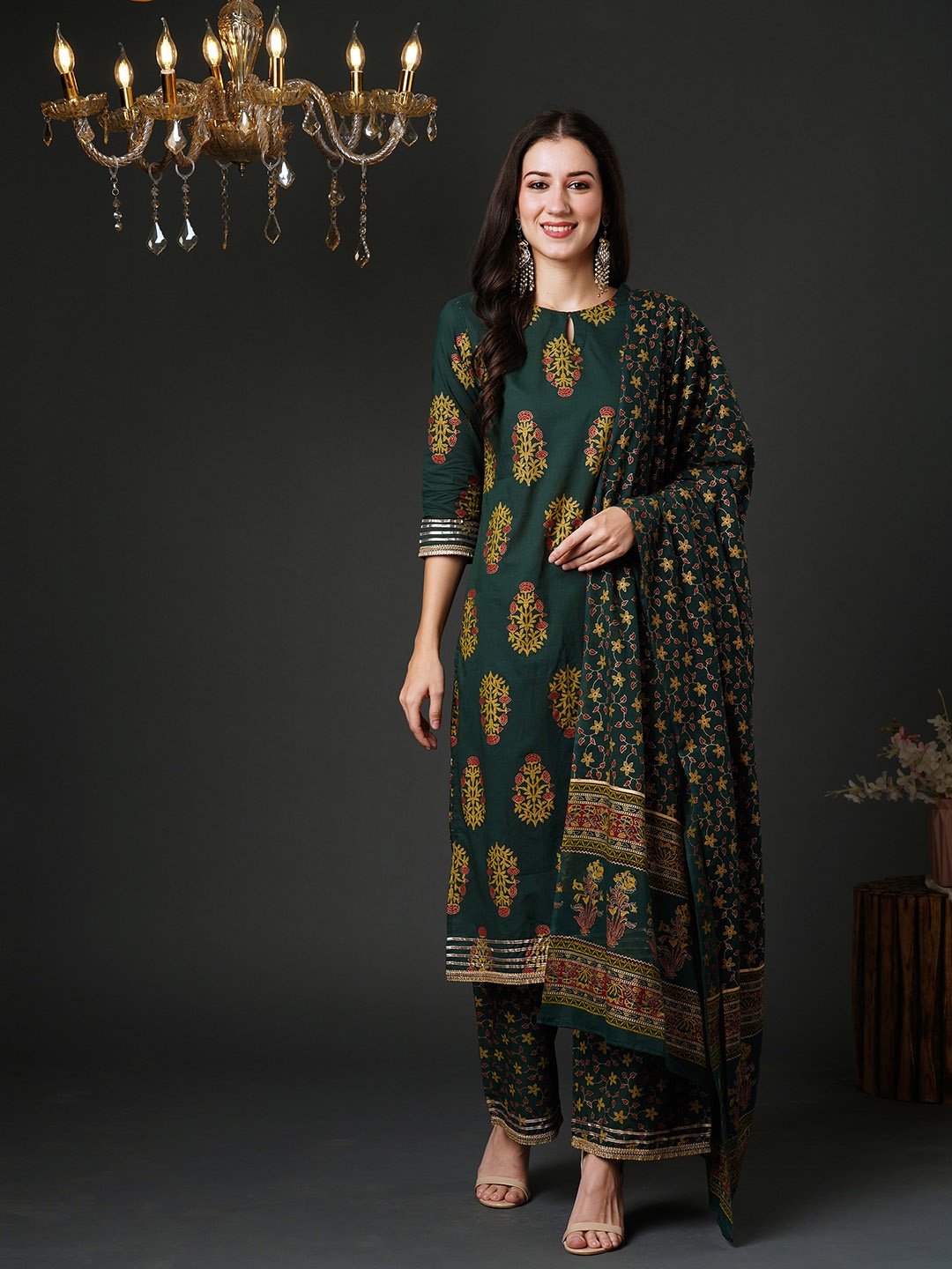 

Indo Era Floral Embroidered Regular Sequinned Kurta & Palazzos With Dupatta, Red