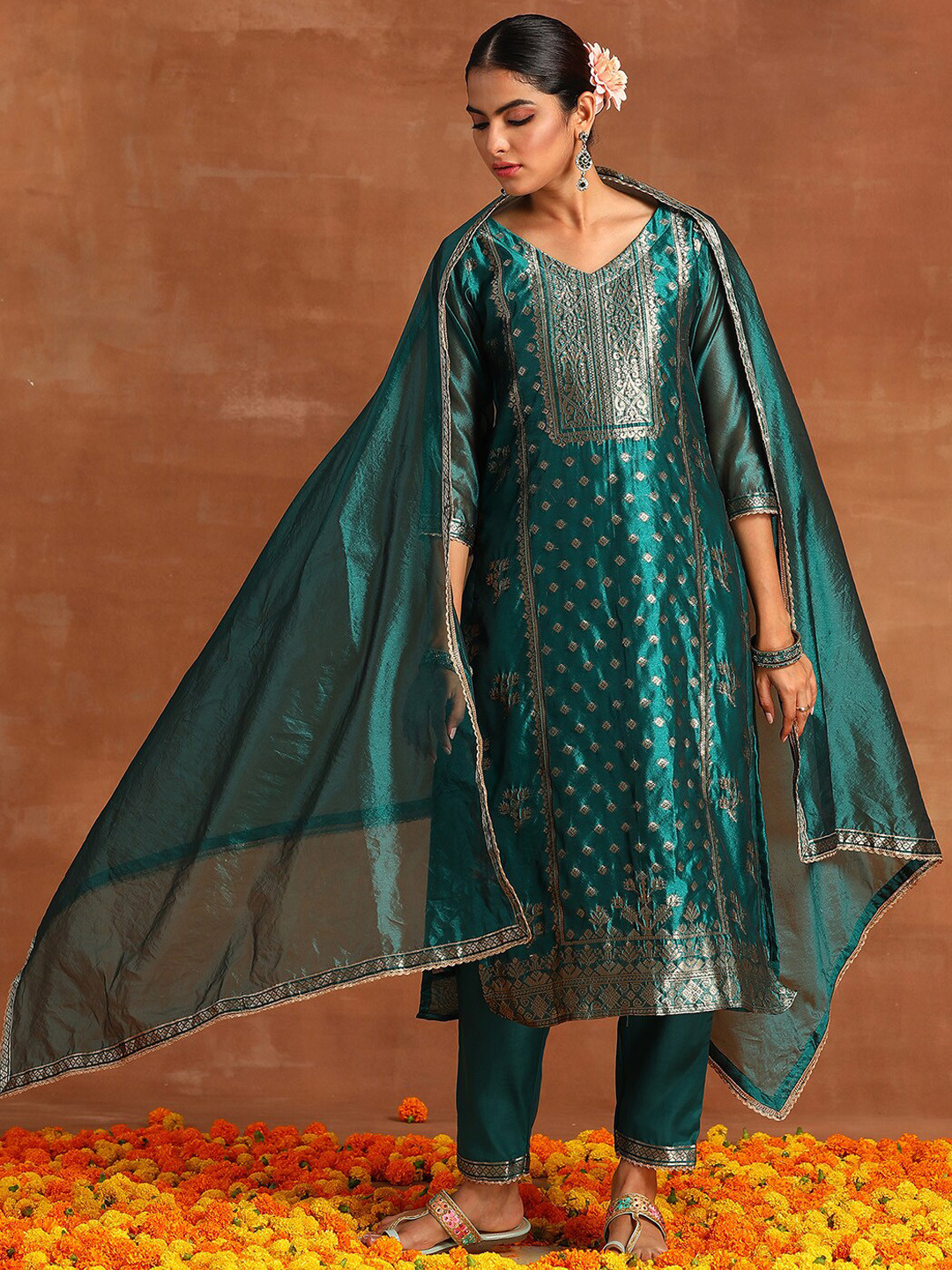

Indo Era Ethnic Motifs Chanderi Silk Kurta with Trousers & Dupatta, Teal