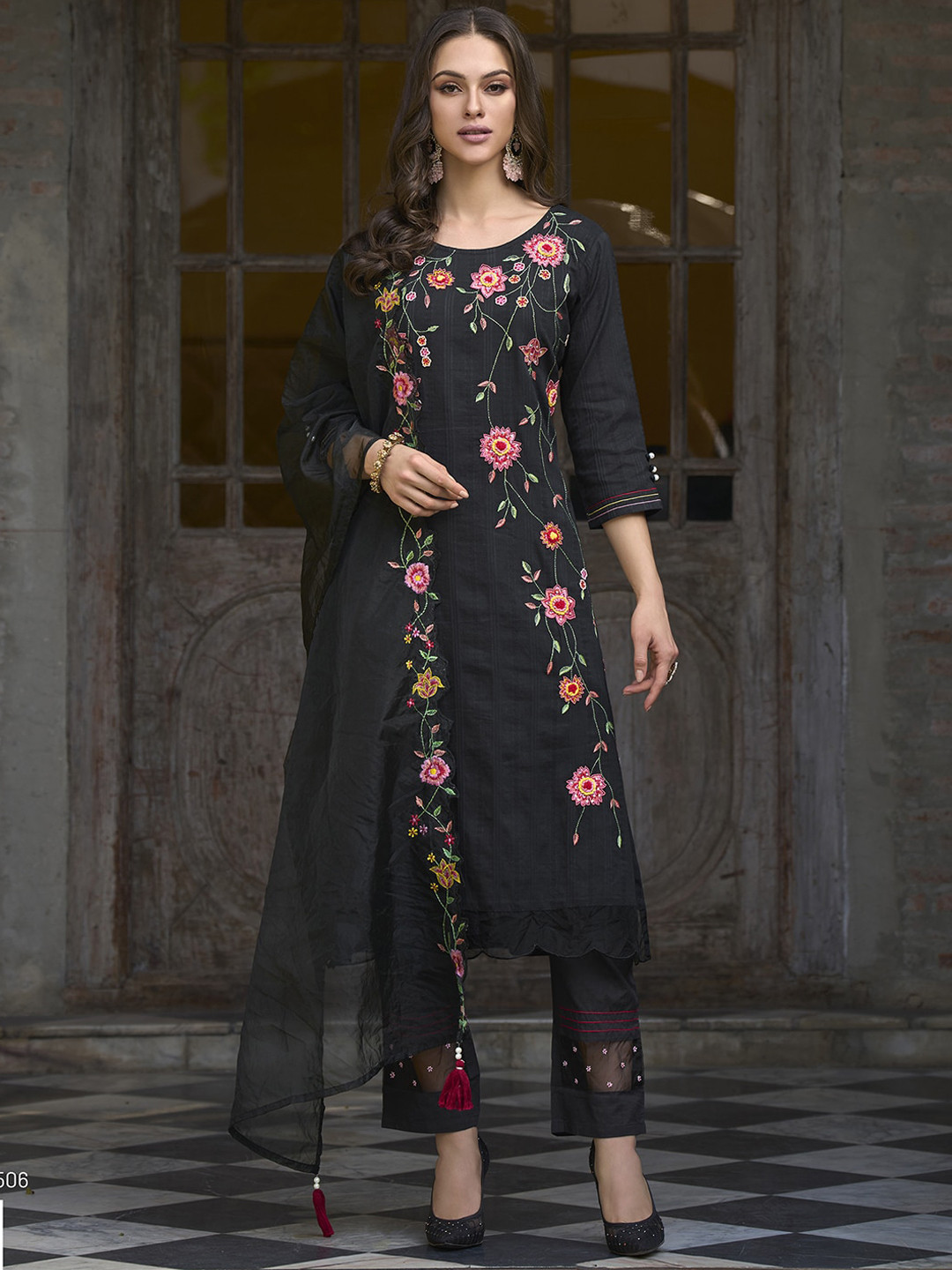

Indo Era Floral Embroidered Thread Work Pure Cotton Kurta with Trousers & Dupatta, Black