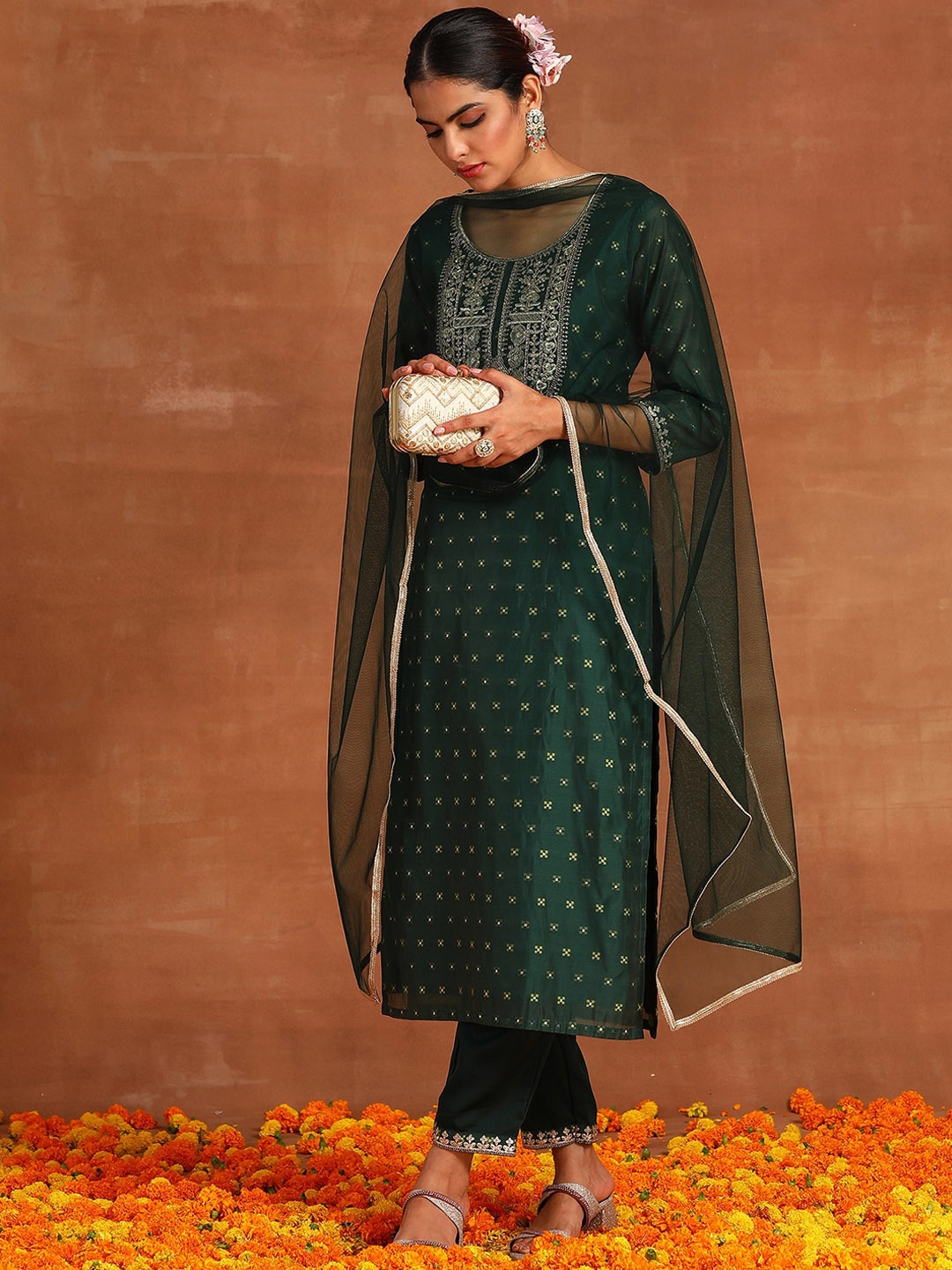 

Indo Era Embroidered Chanderi Silk Kurta with Trousers & Dupatta, Green