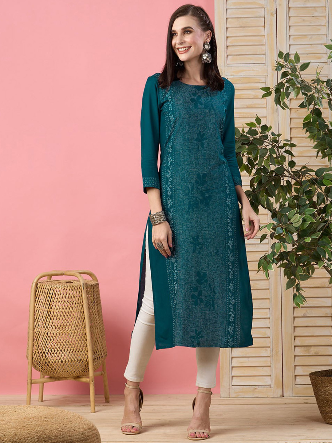 

ZOLA Floral Printed Straight Kurta, Teal