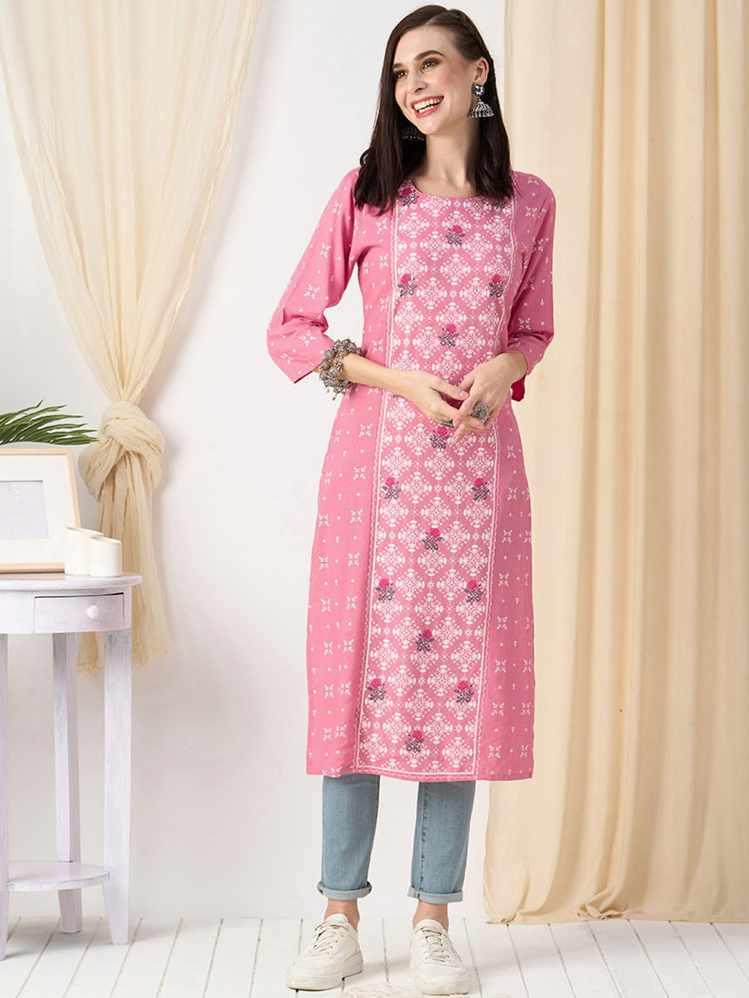 

ZOLA Floral Printed Straight Kurta, Pink