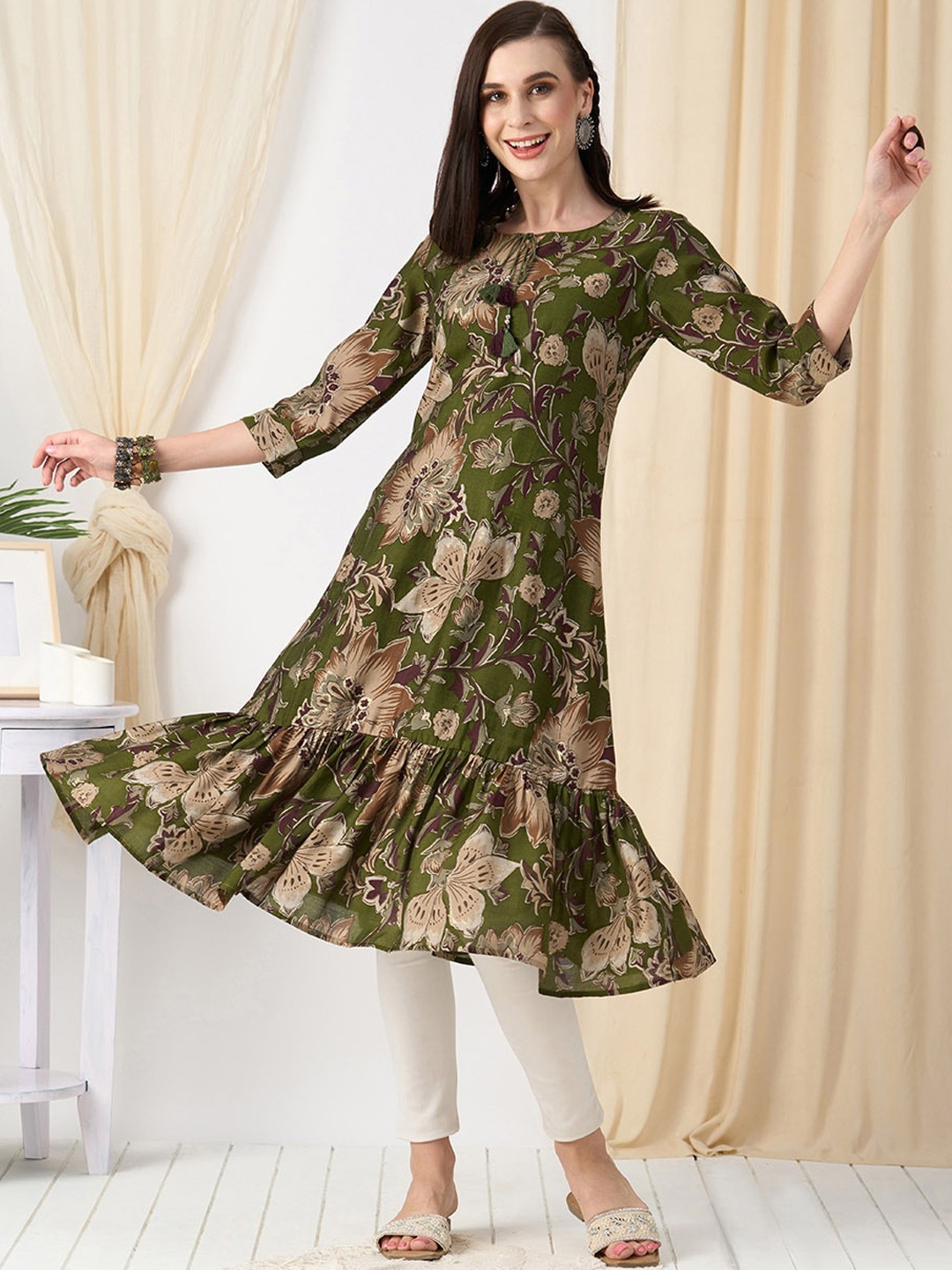 ZOLA Floral Printed Tie-Up Neck Cotton Anarkali Kurta, Green