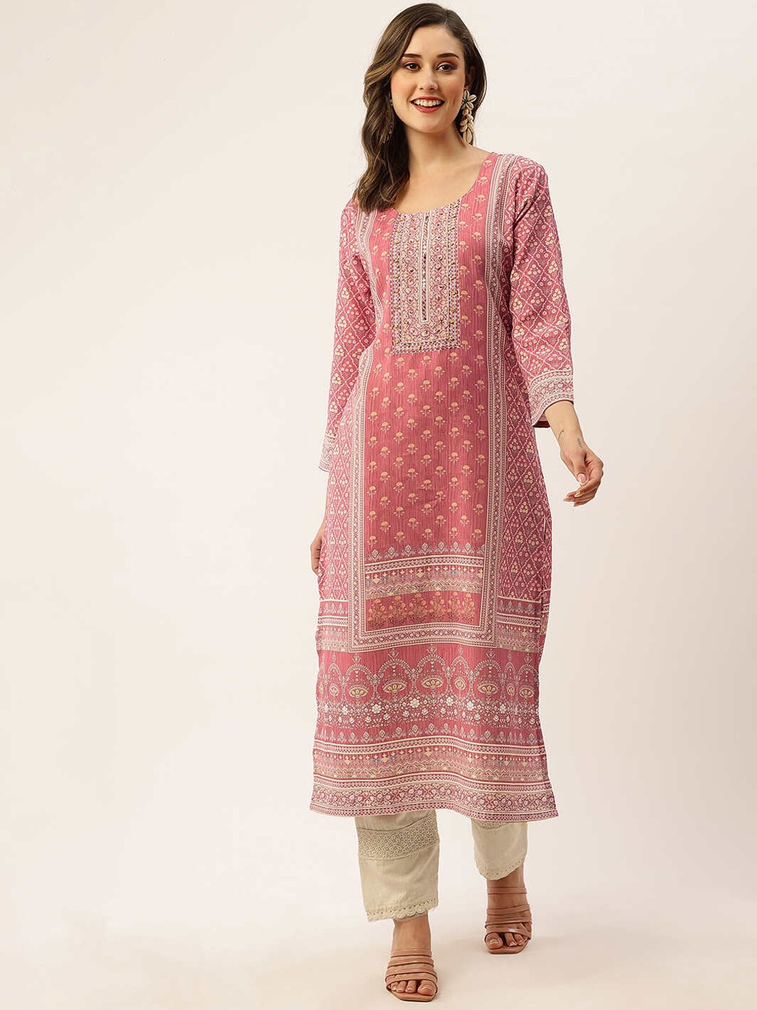 

ZOLA Floral Printed Sequinned Pure Cotton Straight Kurta, Pink