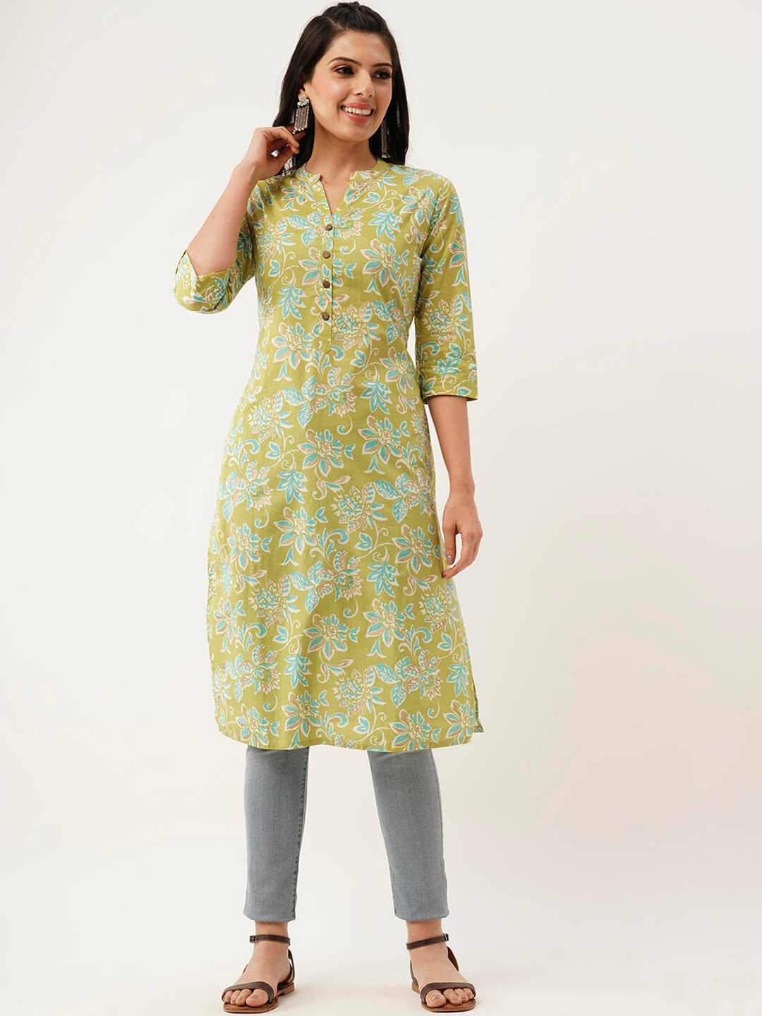 

ZOLA Mandarin Collar Floral Printed Cotton Straight Kurta, Green