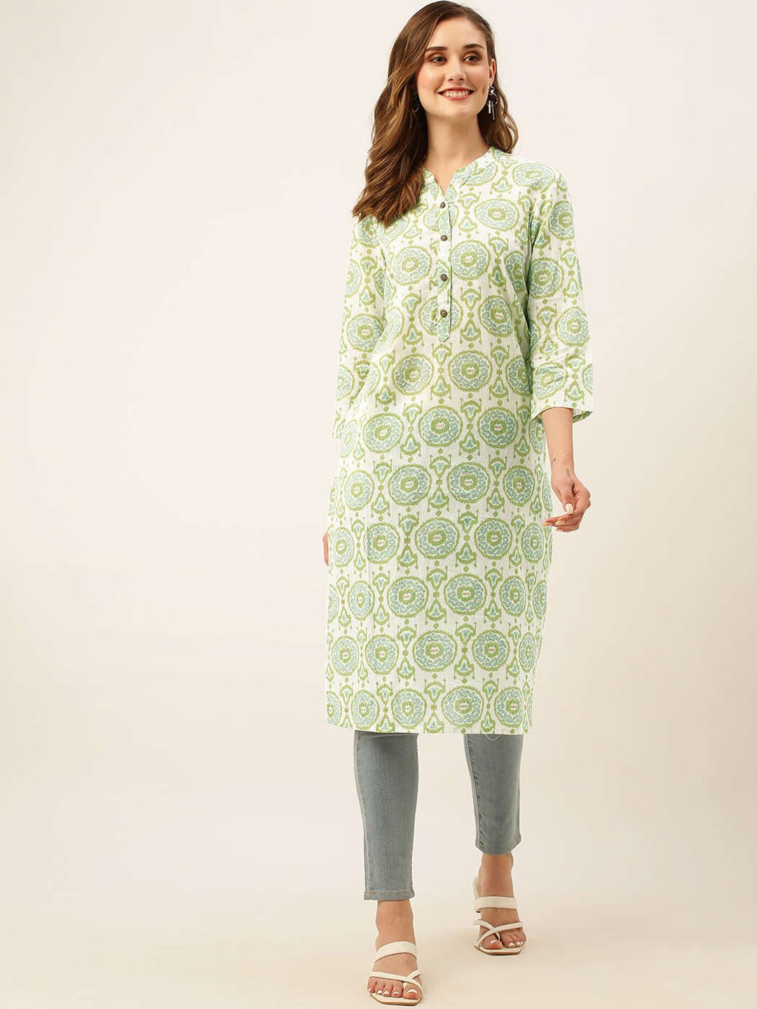 

ZOLA Ethnic Motif Printed Mandarin Collar Cotton Straight Kurta, Green