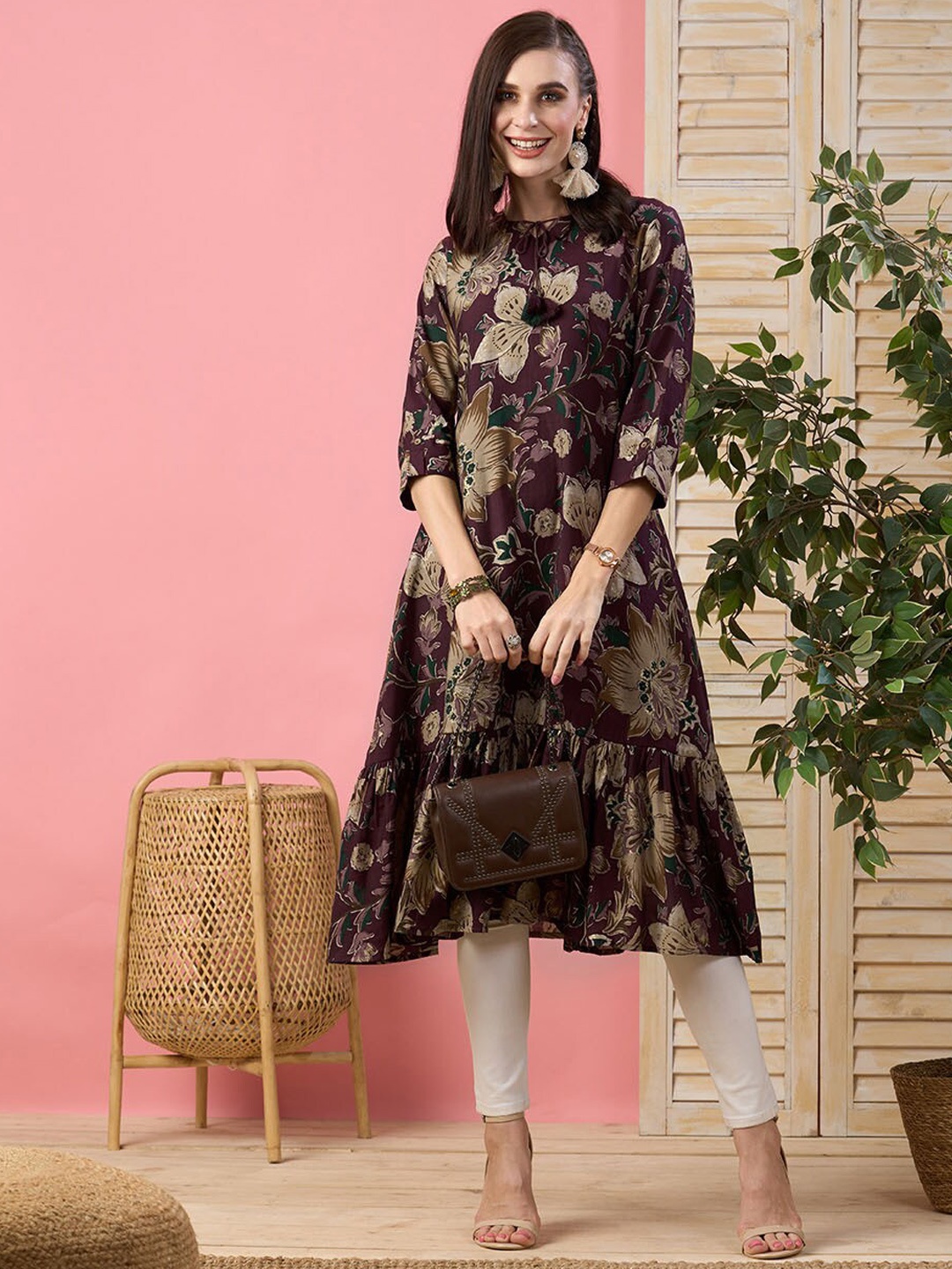 

ZOLA Floral Printed Tie-Up Neck Cotton A-Line Kurta, Burgundy
